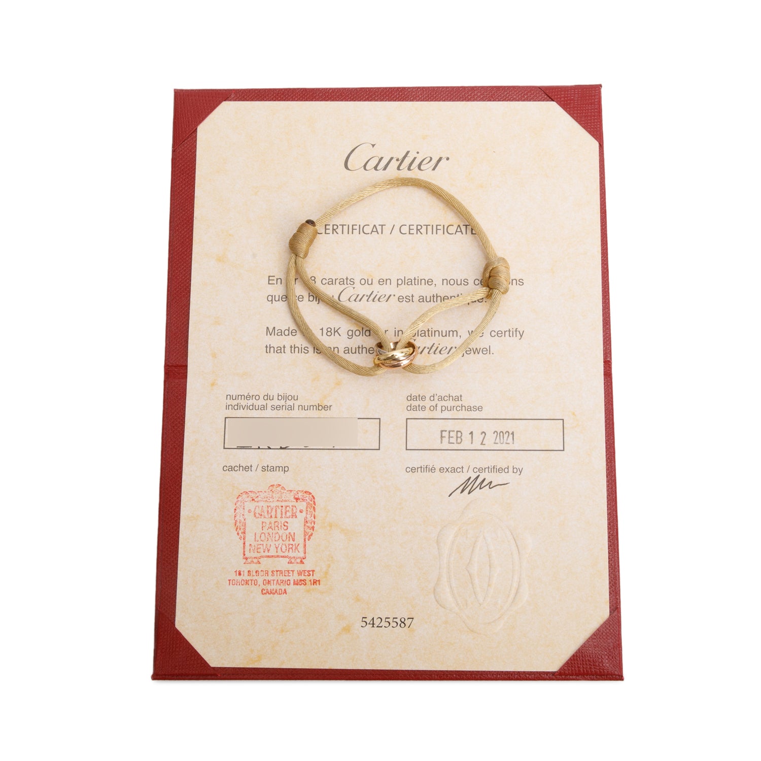 Cartier 2021 18k White, Yellow & Rose Gold Trinity Beige Cord Bracelet w/ Certificate