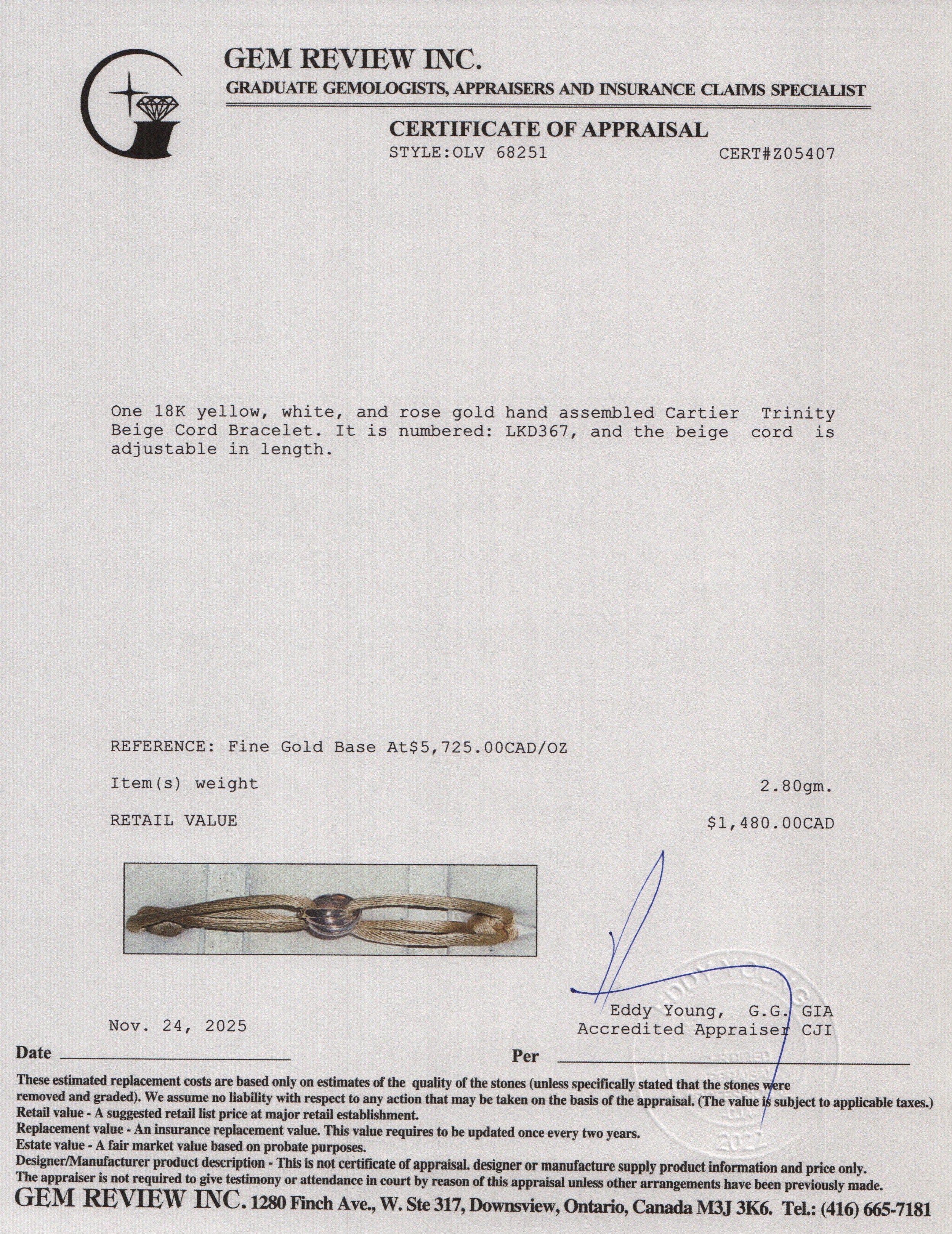 Cartier 2021 18k White, Yellow & Rose Gold Trinity Beige Cord Bracelet w/ Certificate