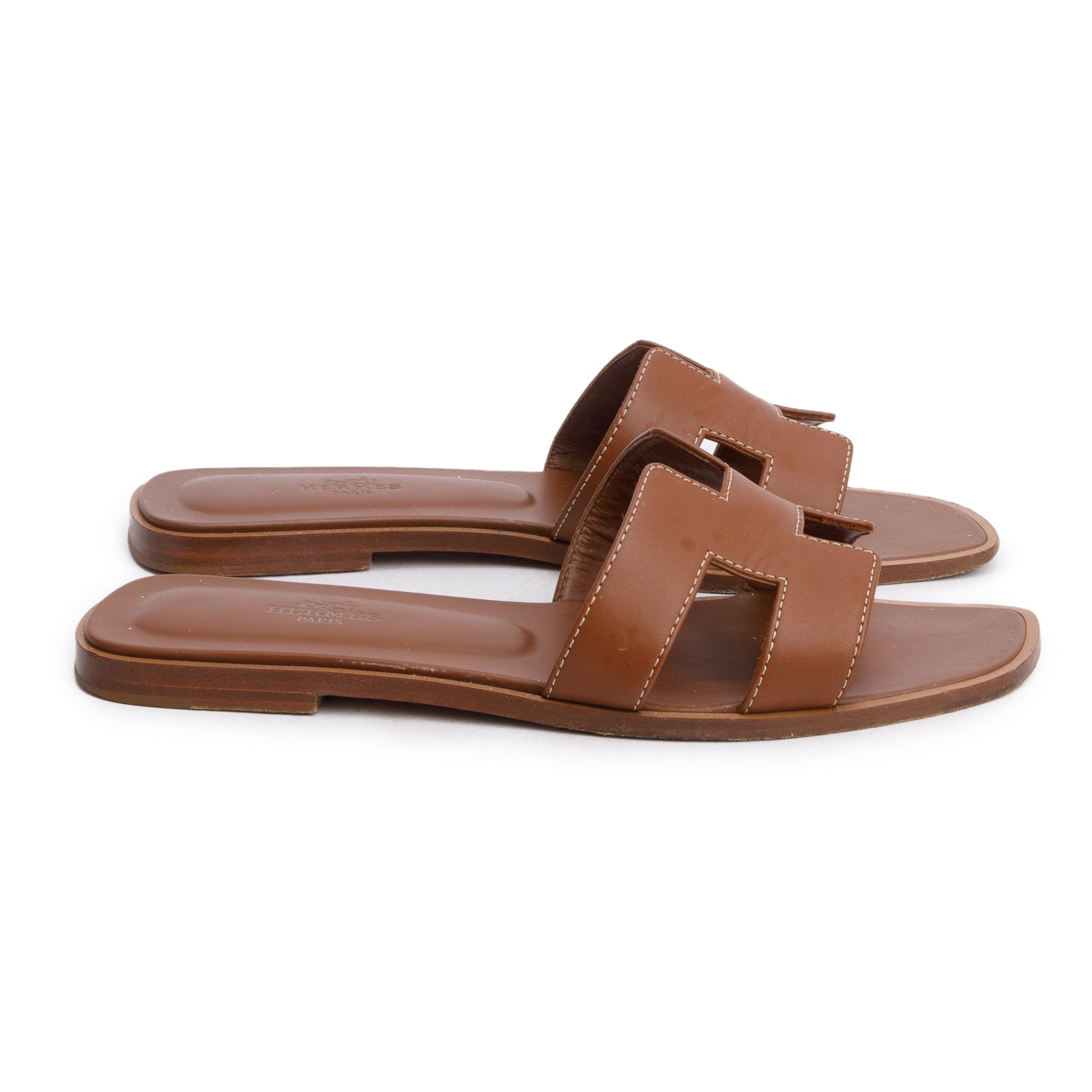 Hermes Gold Box Calfskin Oran Sandals, Size 38 w/ Box