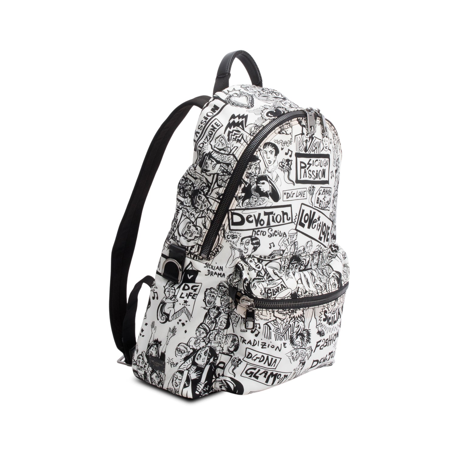 Dolce & Gabbana Black White Nylon Illustrated Backpack
