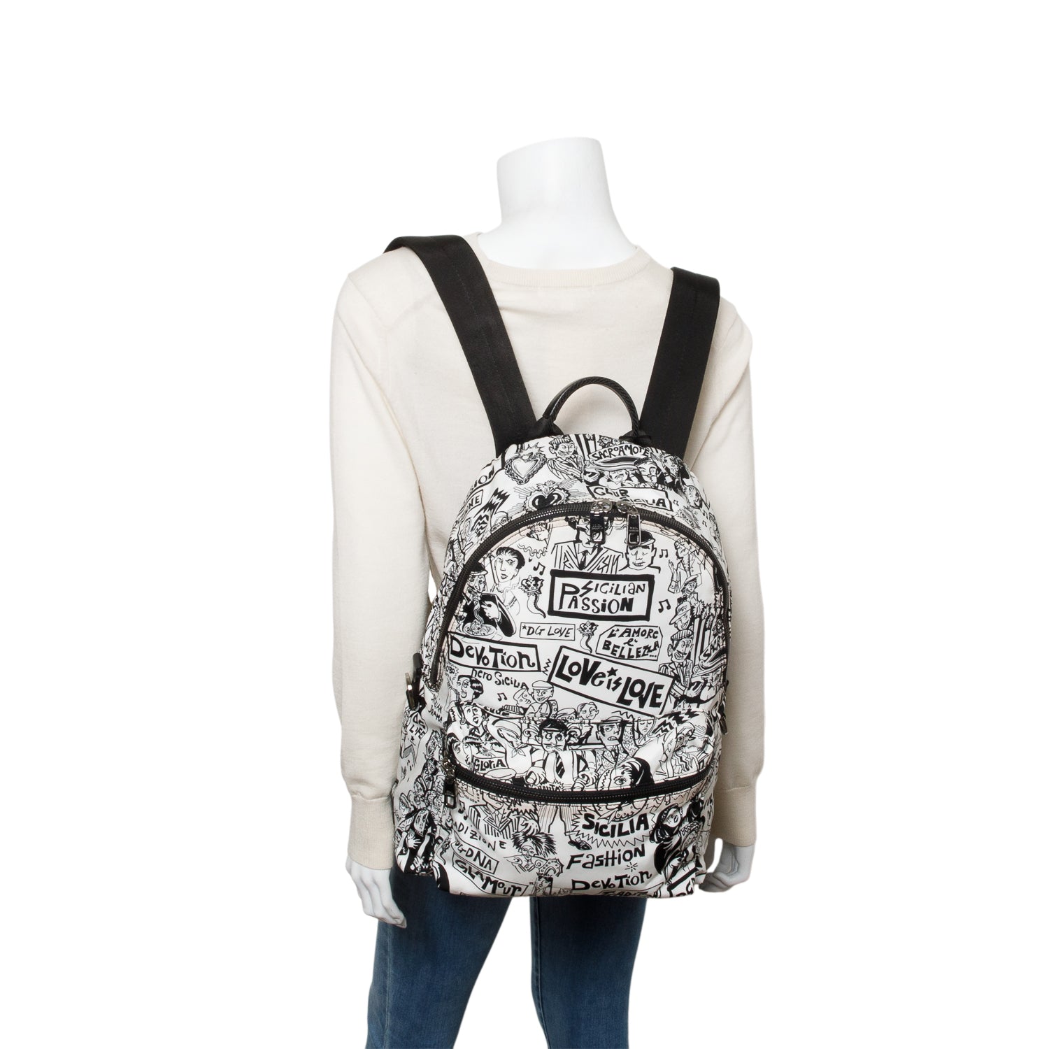Dolce & Gabbana Black White Nylon Illustrated Backpack