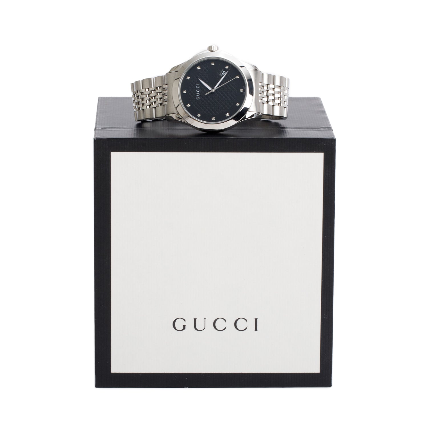 Gucci Stainless Steel G-Timeless 38 MM Quartz Watch Black Diamond Dial YA126405 w/ Box