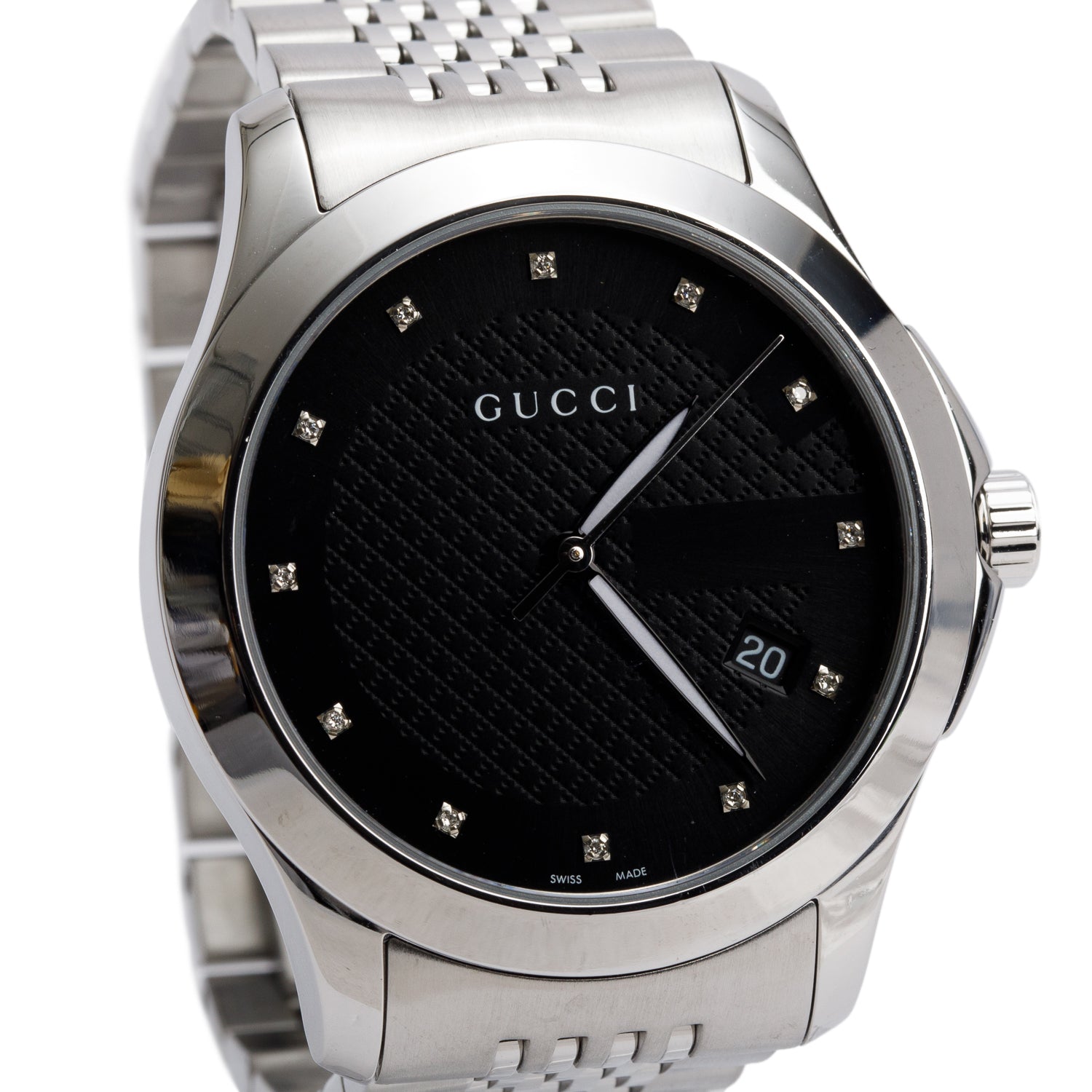 Gucci Stainless Steel G-Timeless 38 MM Quartz Watch Black Diamond Dial YA126405 w/ Box