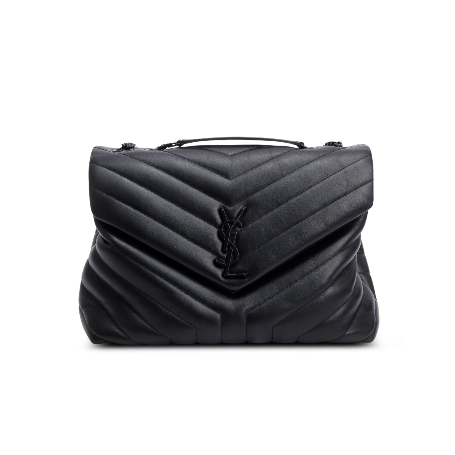 Saint Laurent 2022 Black Calfskin Y Quilted Monogram Monochrome Medium Loulou Chain Satchel w/ Receipt