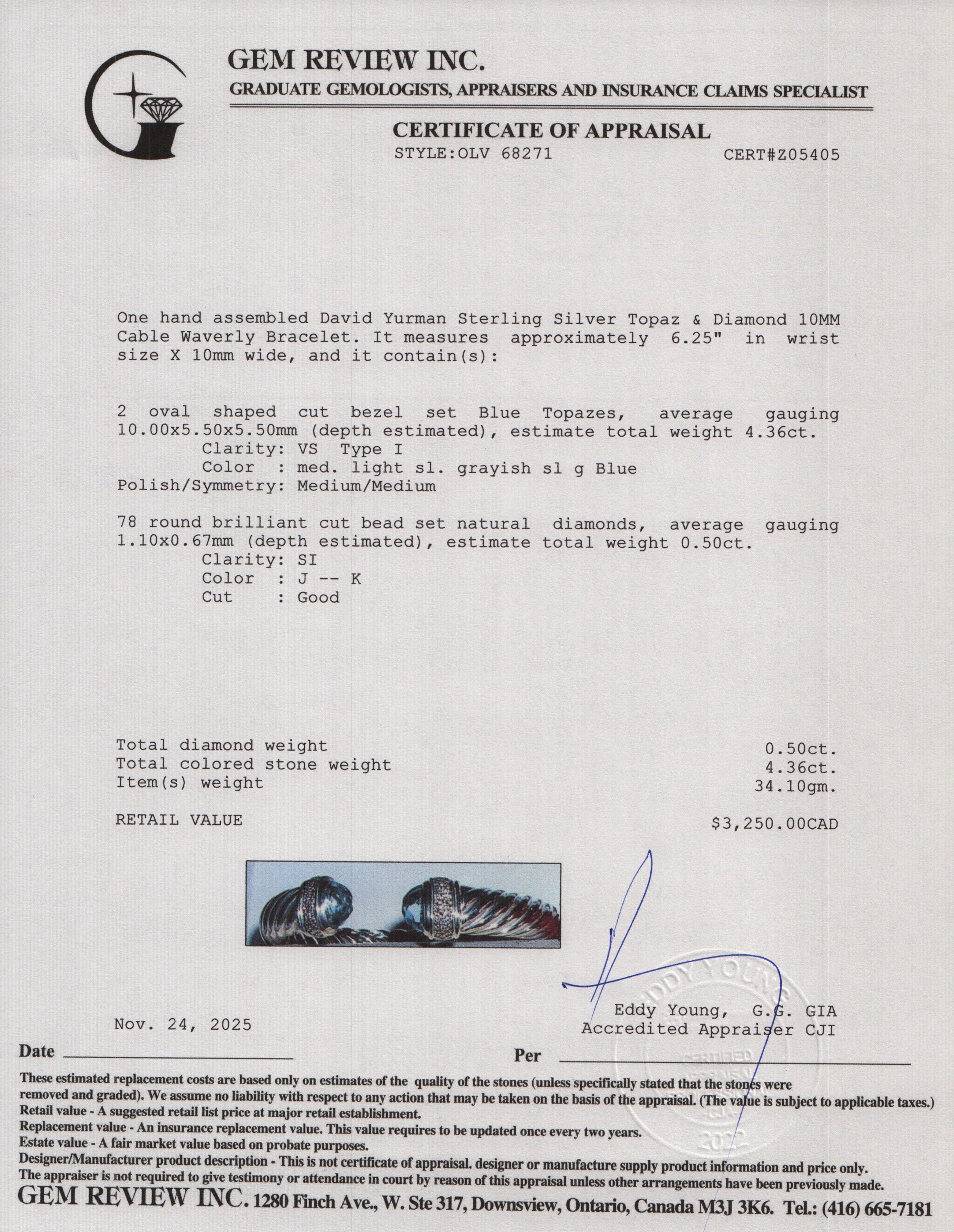 David Yurman Sterling Silver Topaz & Diamond 10 MM Cable Waverly Bracelet