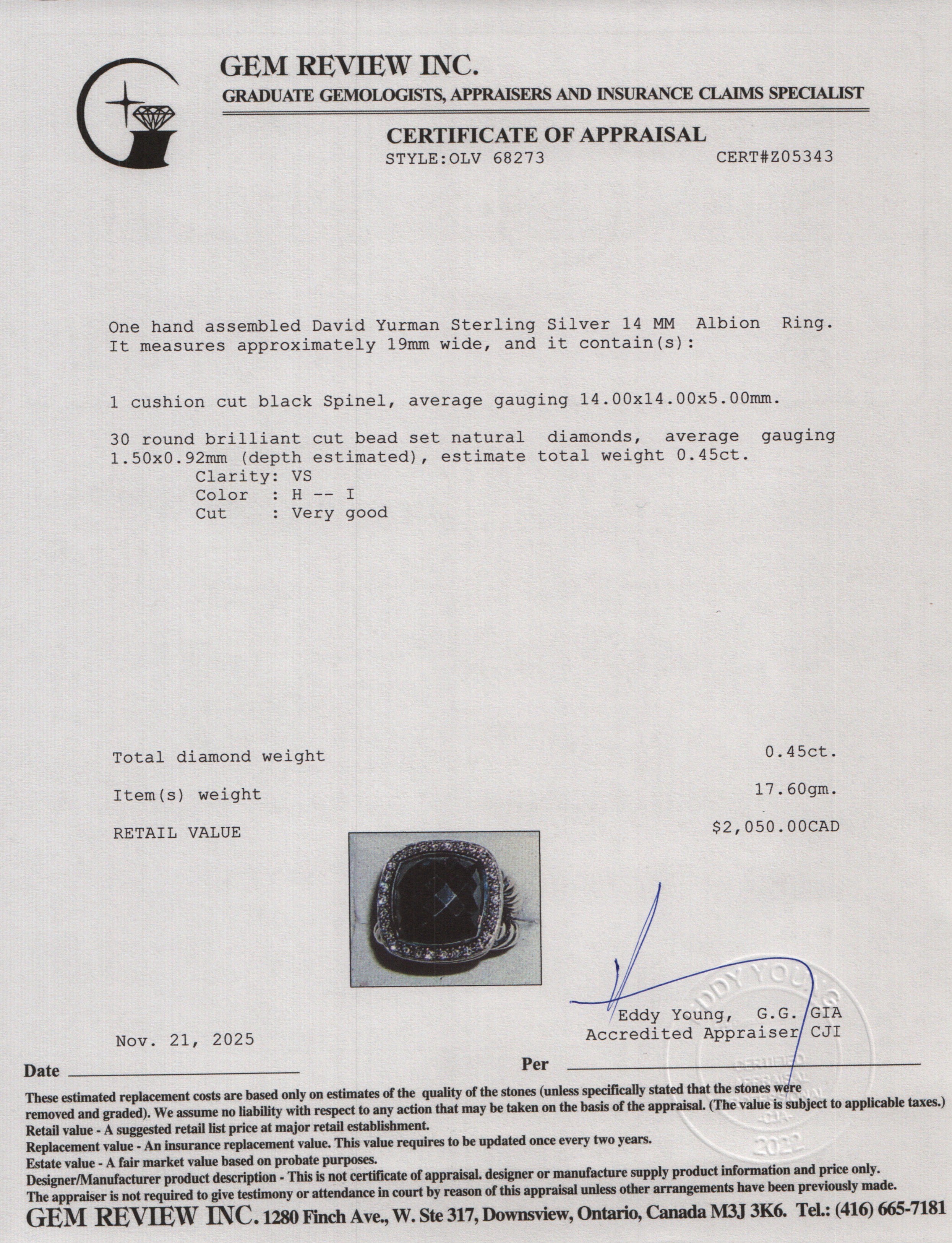 David Yurman Sterling Silver Black Spinel & Diamond 14 MM Albion Ring, Size 7