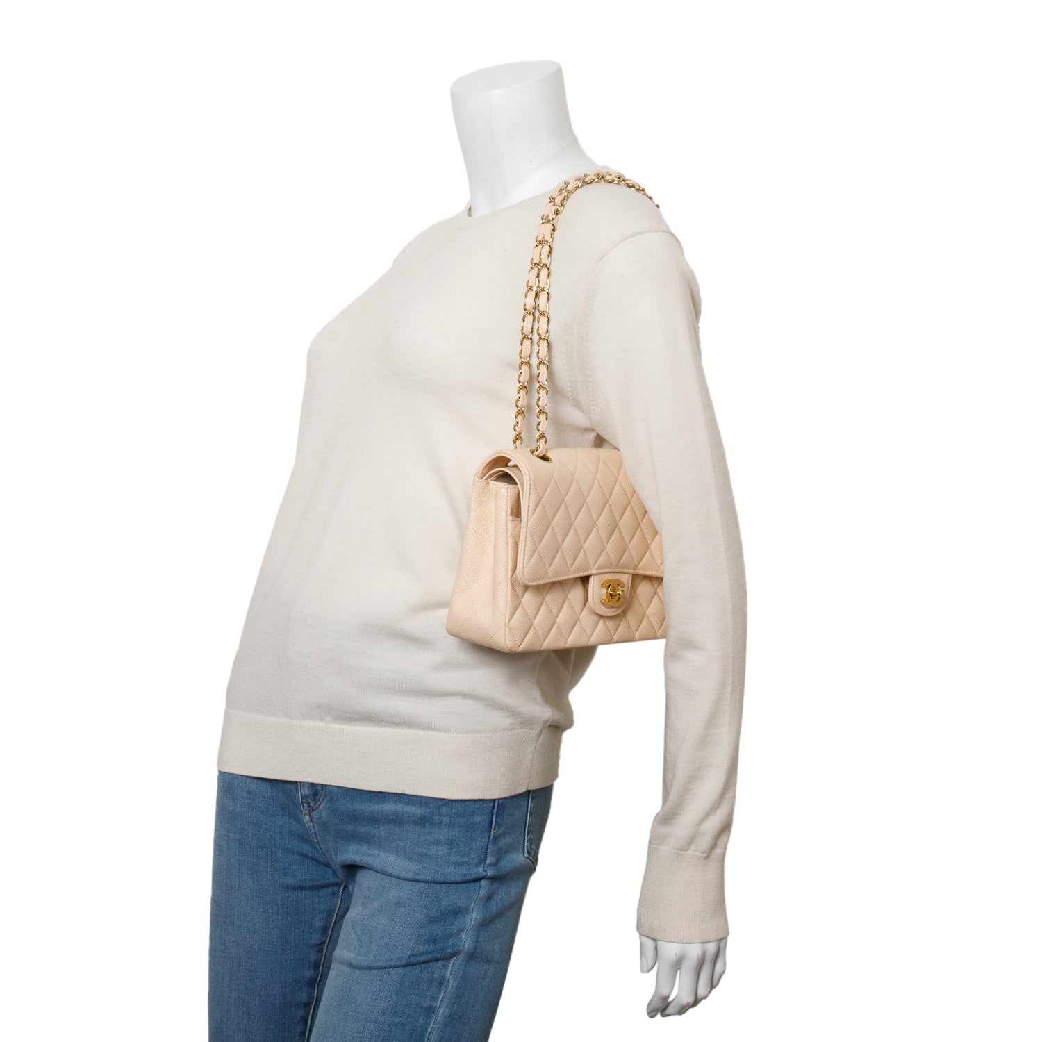 Chanel Beige Caviar Leather Classic Medium Double Flap w/ Authenticity Card