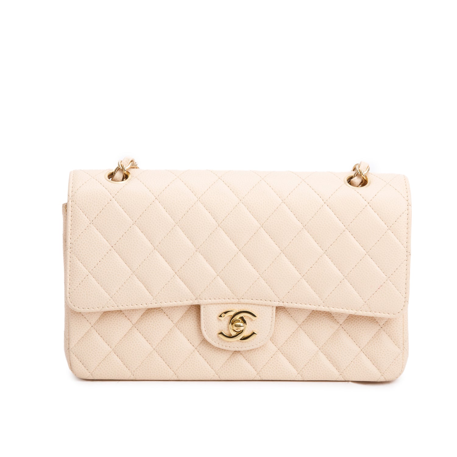 Chanel Beige Caviar Leather Classic Medium Double Flap w/ Authenticity Card