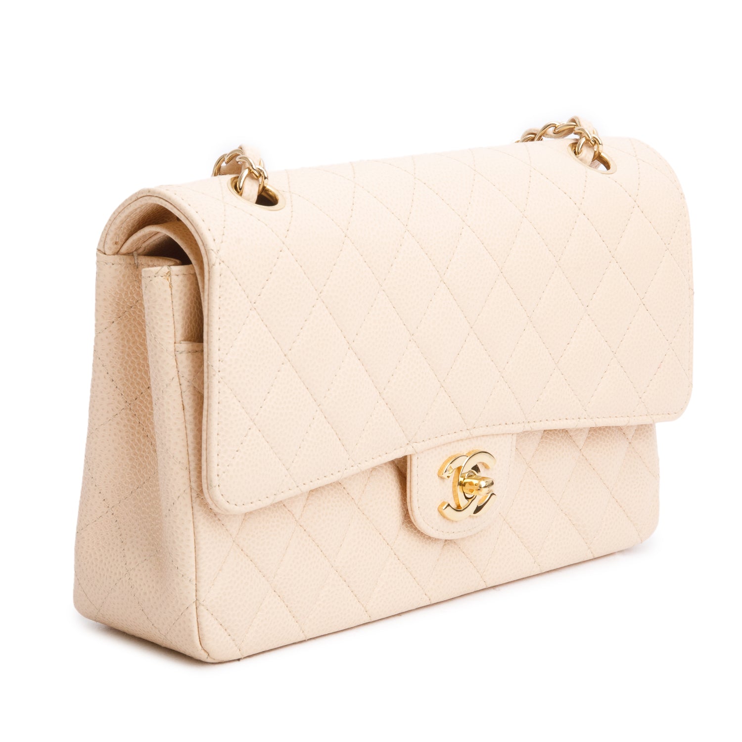 Chanel Beige Caviar Leather Classic Medium Double Flap w/ Authenticity Card