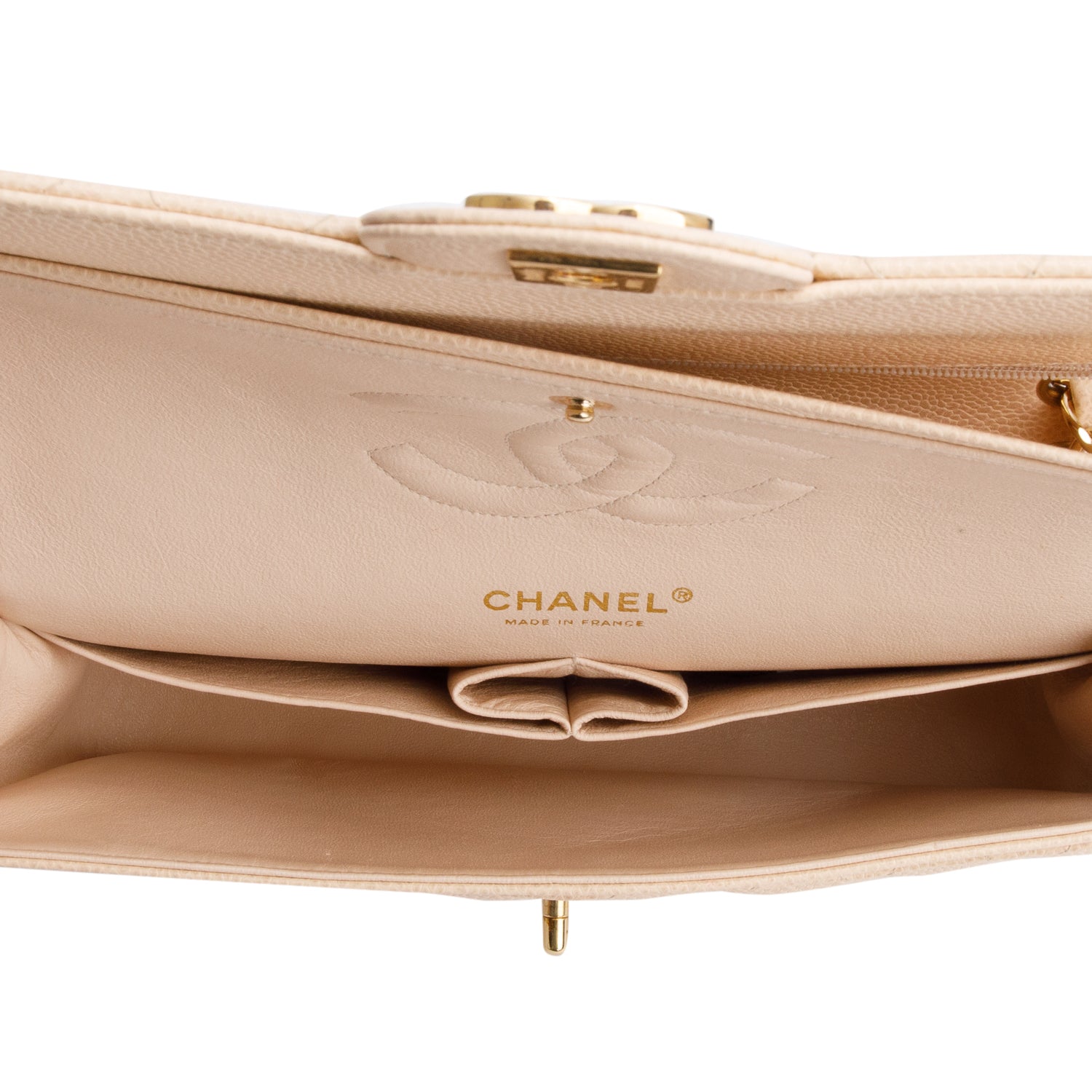 Chanel Beige Caviar Leather Classic Medium Double Flap w/ Authenticity Card