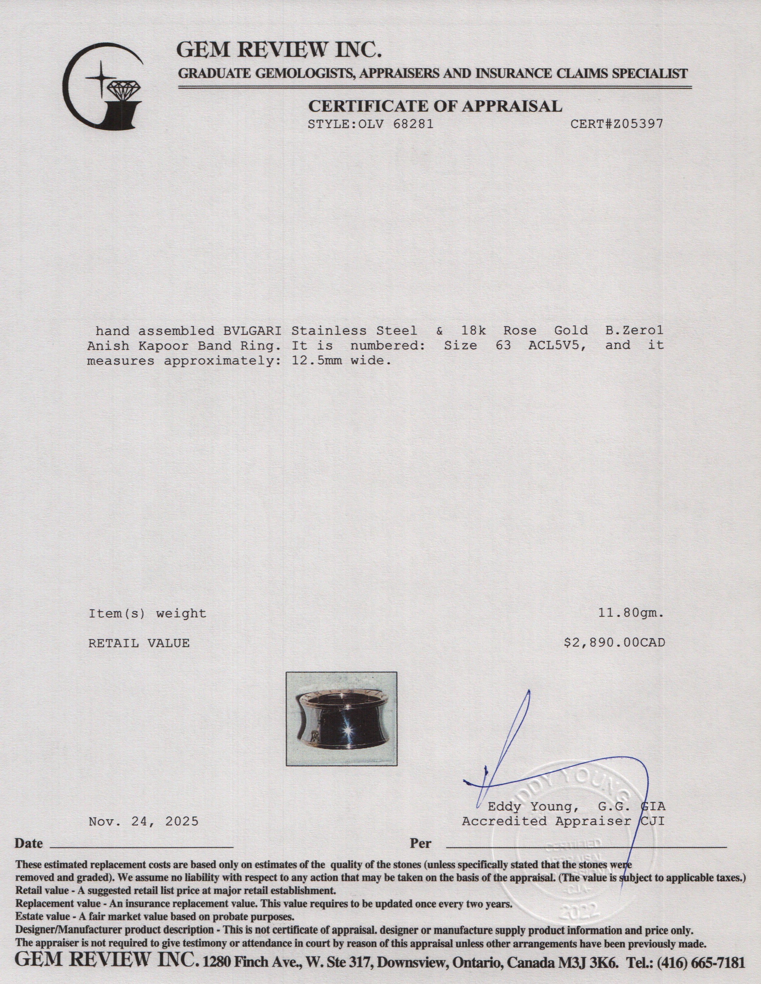 BVLGARI Stainless Steel & 18k Rose Gold B.Zero1 Anish Kapoor Band Ring, Size 63 10