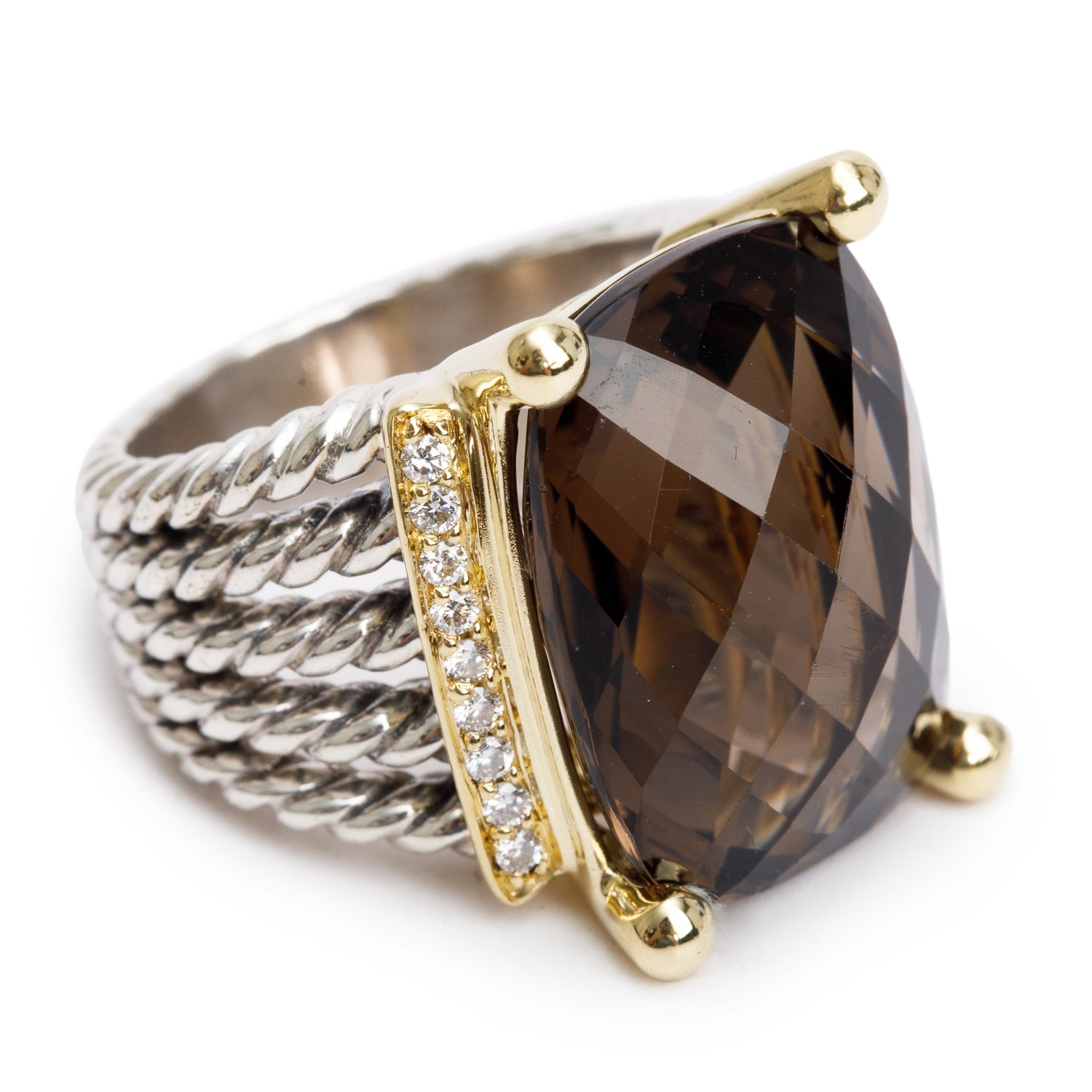 David Yurman Sterling Silver and 18k Yellow Gold Smokey Quartz & Diamond Wheaton Ring, Size 7