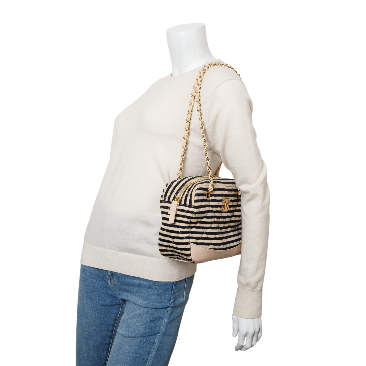 Chanel Beige & Black Quilted Jersey Coco Sailor Camera Bag w/ Authenticity Card