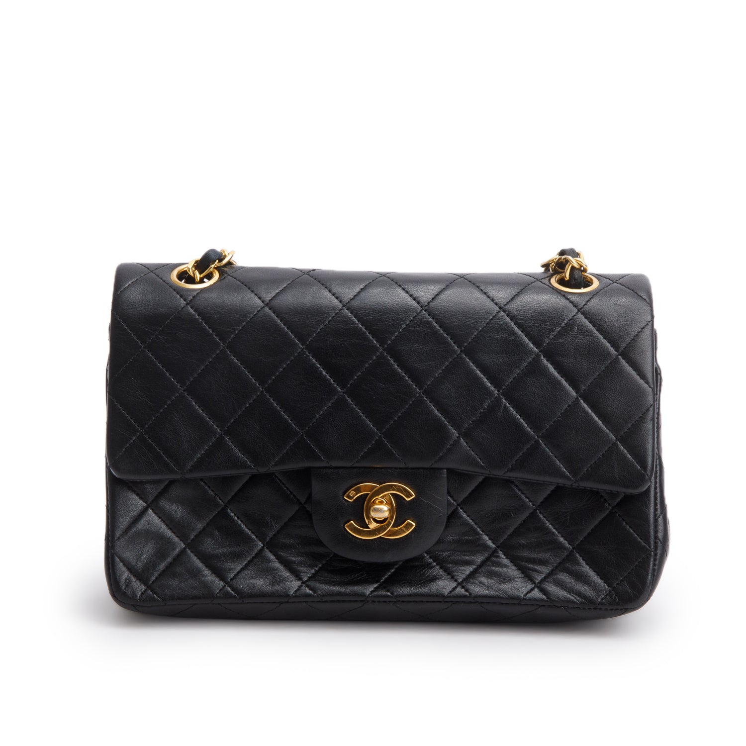Chanel Vintage Black Lambskin Quilted Small Double Flap Bag w/ Box