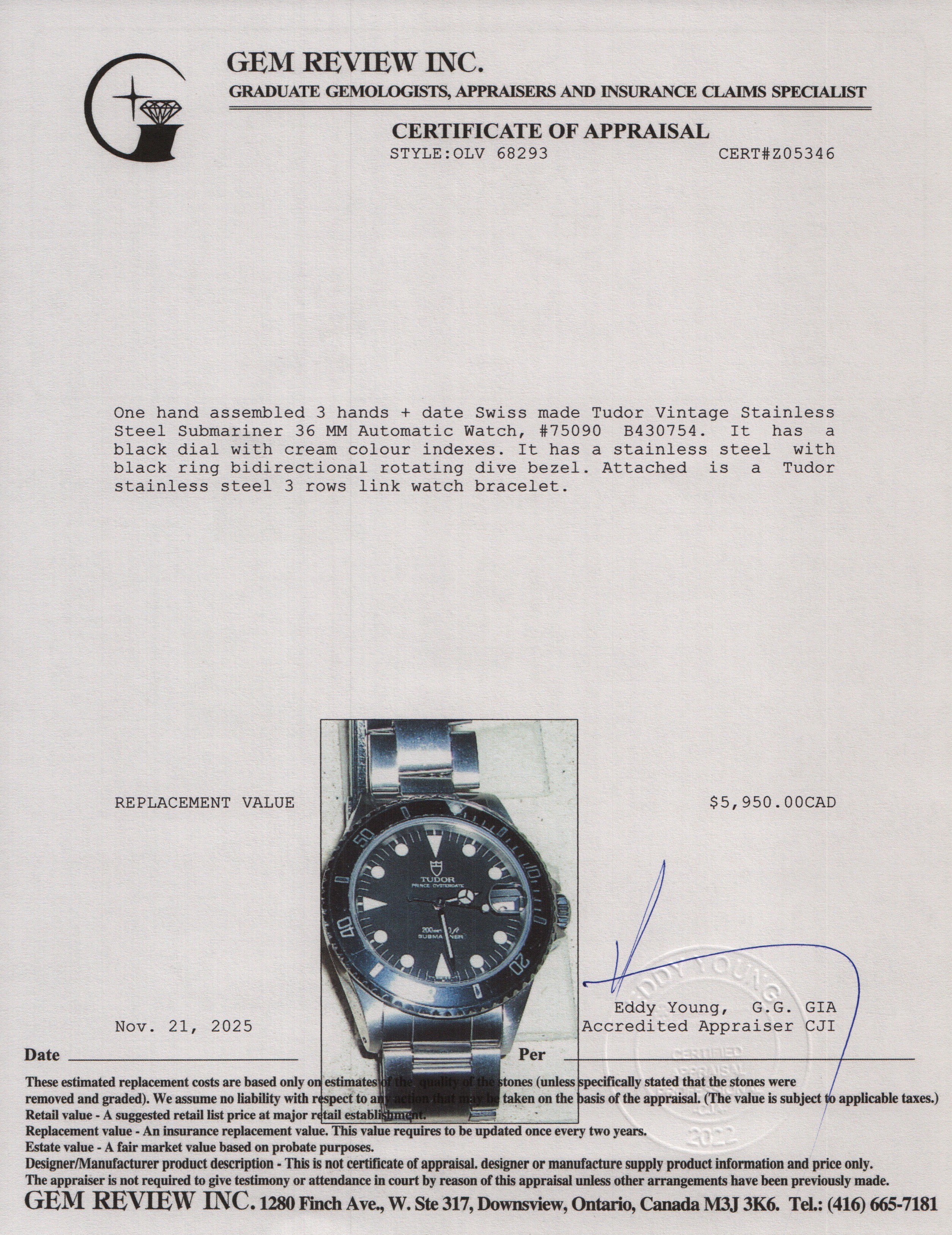 Tudor Vintage Stainless Steel Submariner 36 MM Automatic Watch 75090 w/ Box