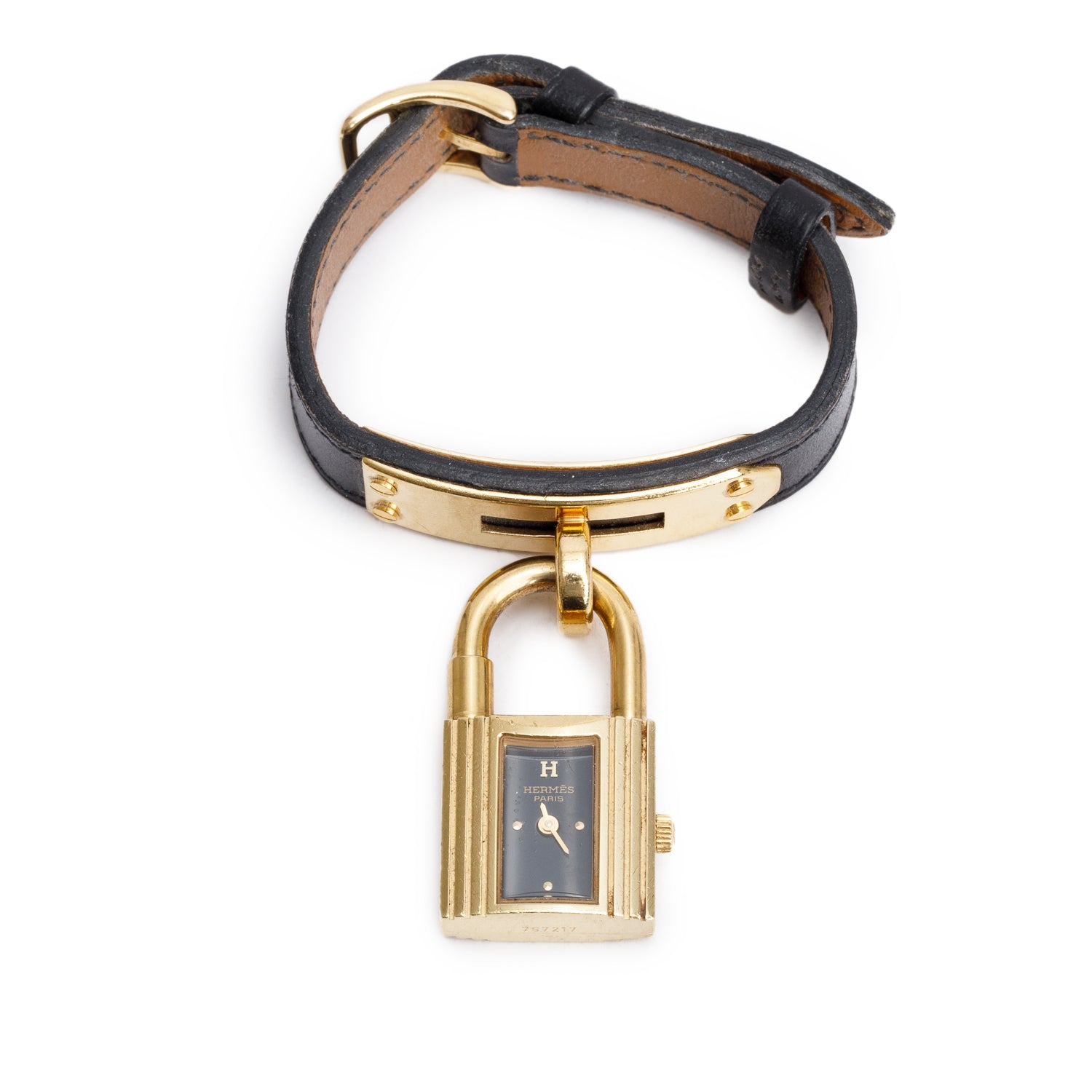 Hermes Gold Plated Stainless Steel Black Leather Kelly Lock Watch