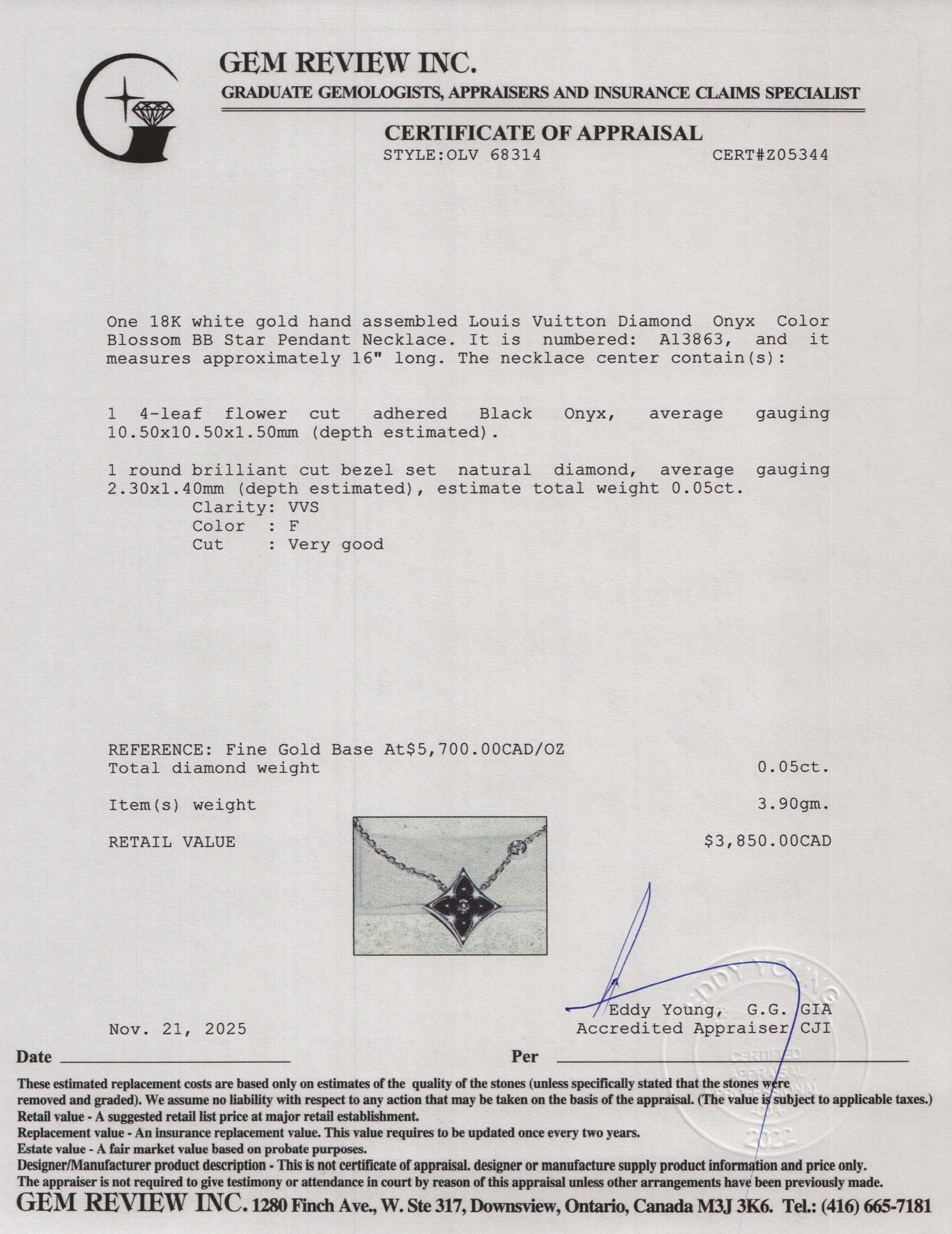 Louis Vuitton 18k White Gold Diamond Onyx Color Blossom BB Star Pendant Necklace w/ Box