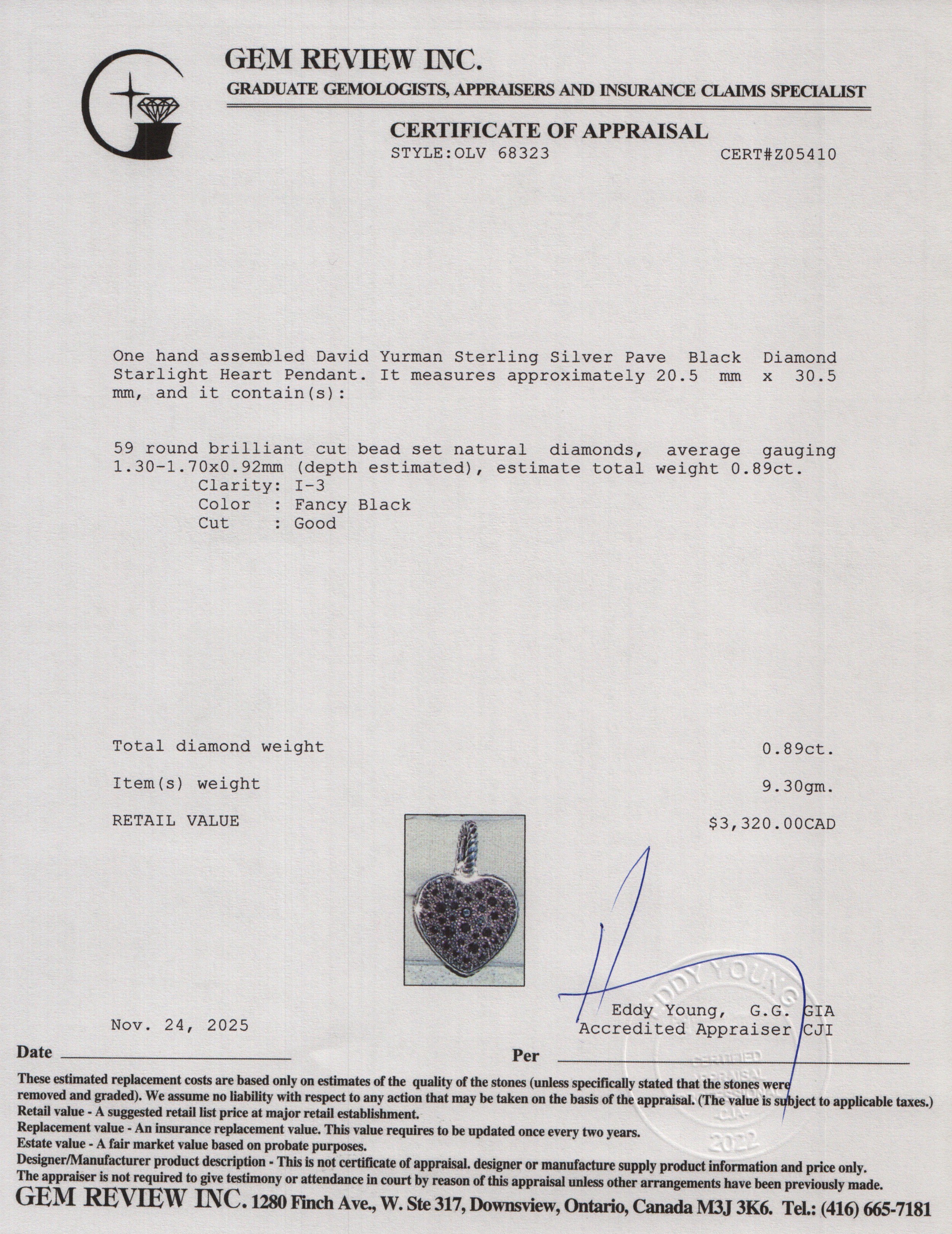 David Yurman Sterling Silver Pave Black Diamond Starlight Heart Pendant