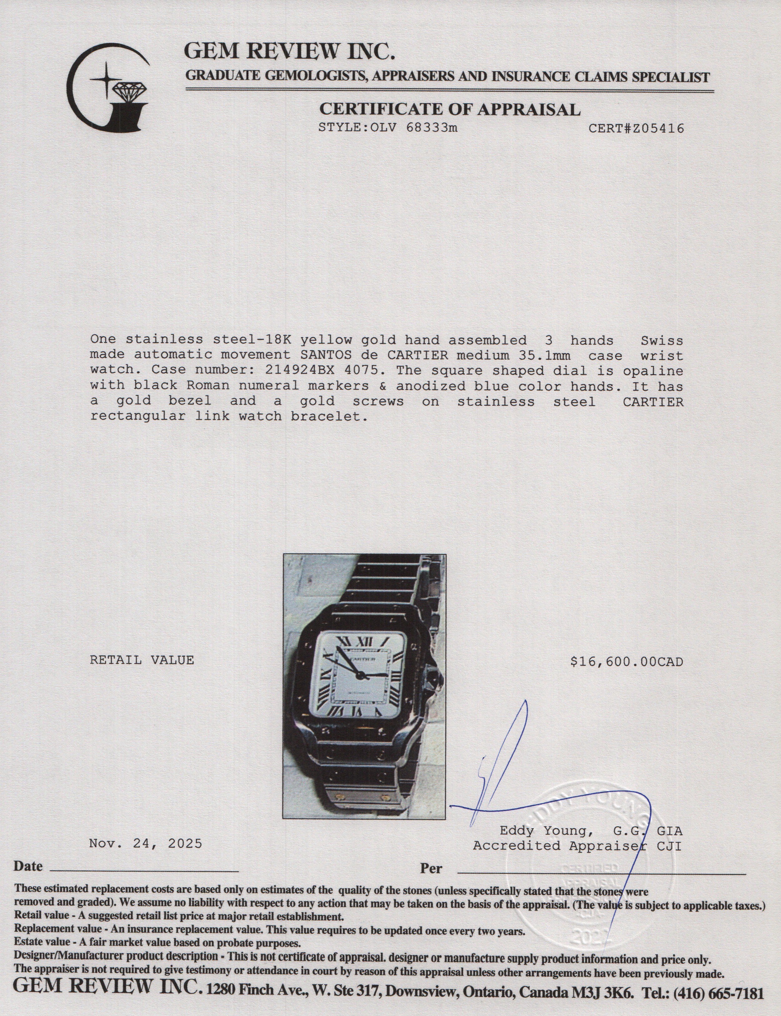 Cartier 2021 Stainless Steel & 18k Yellow Gold Santos de Cartier Automatic Watch, Medium Model 4075 w/ Box, Papers & Extra Leather Strap