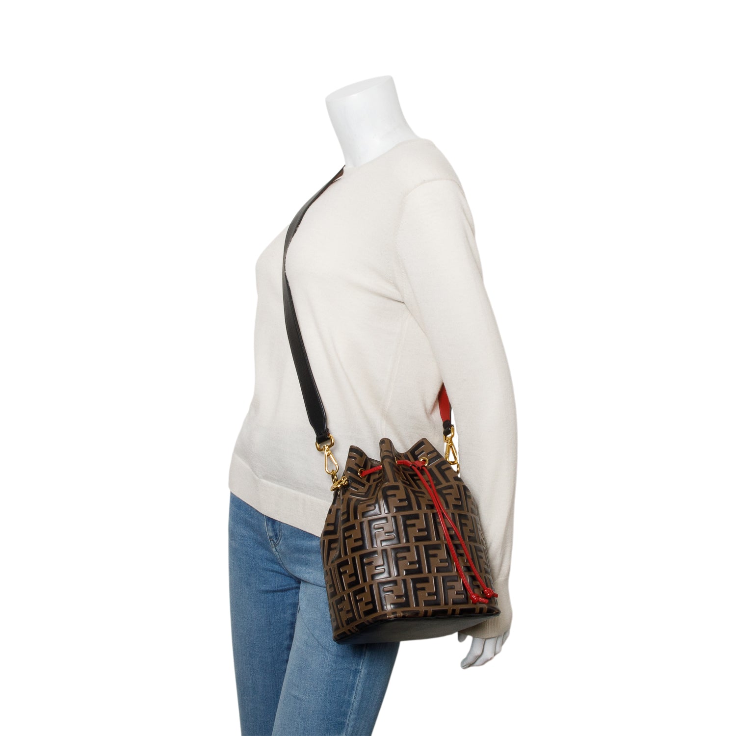 Fendi Brown Vitello Liberty FF 1974 Embossed Small Mon Tresor Bucket Bag w/ Strap