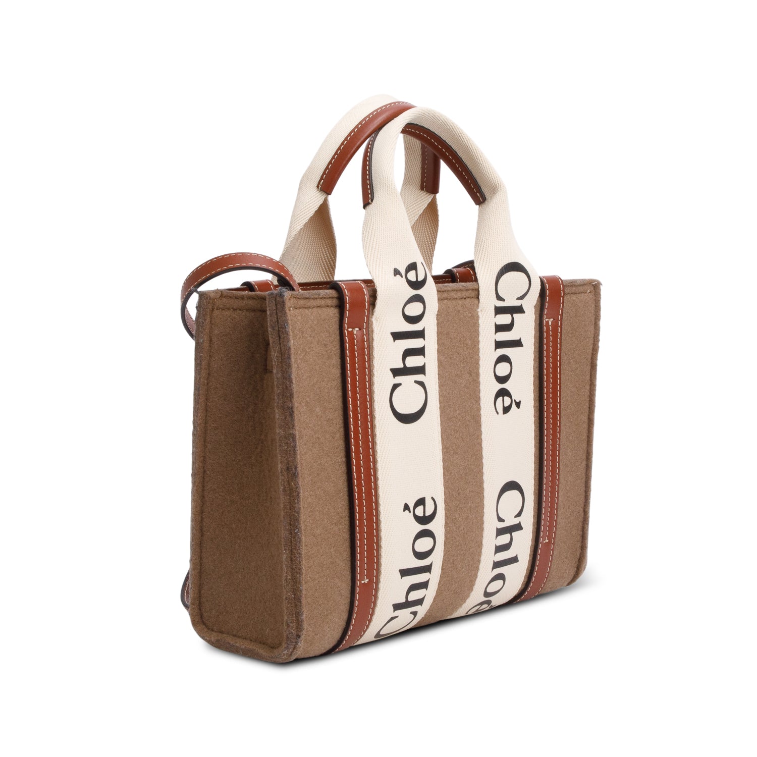 Chloe 2021 Brown Linen Calfskin Small Woody Ribbon Tote w/ Strap