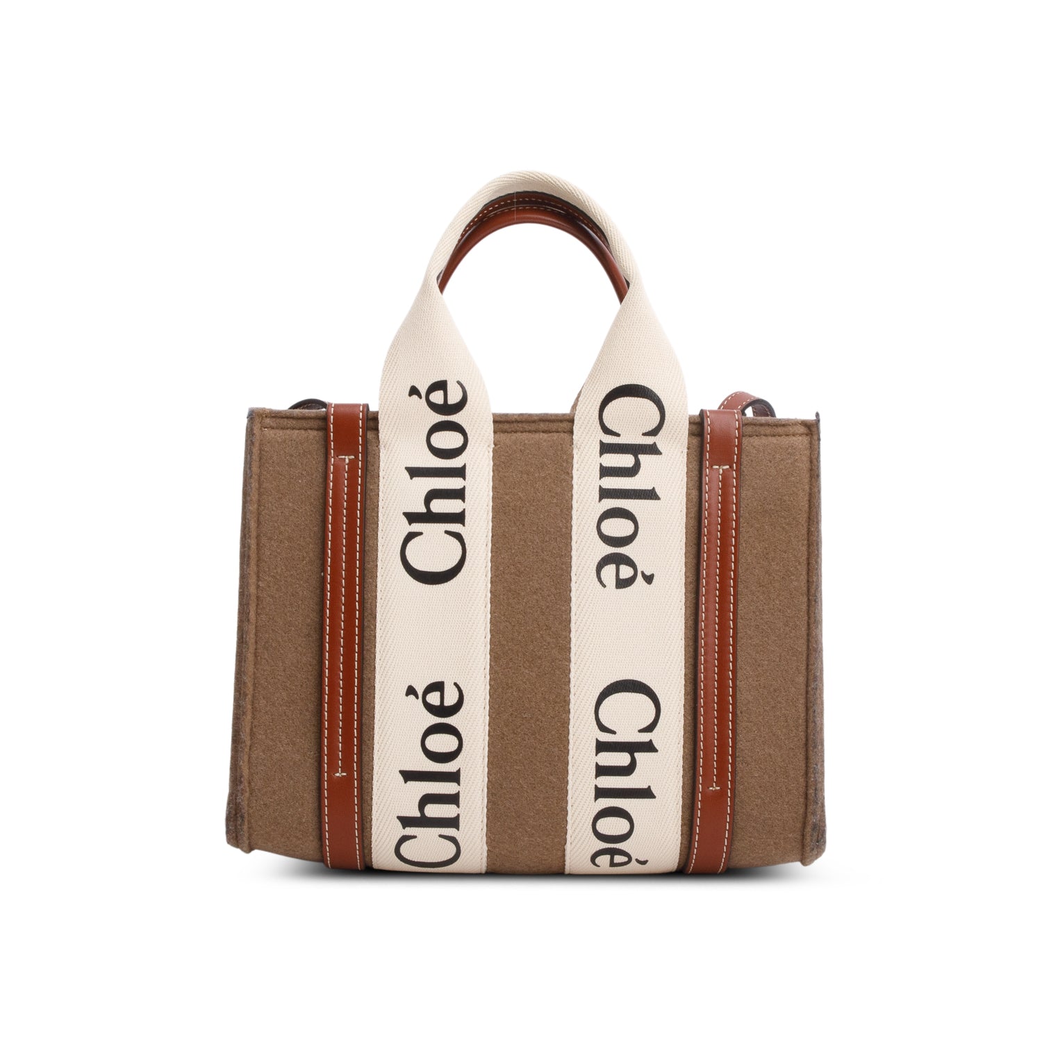 Chloe 2021 Brown Linen Calfskin Small Woody Ribbon Tote w/ Strap