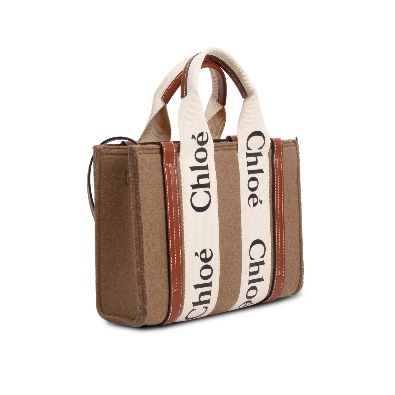 Chloe 2021 Brown Linen Calfskin Small Woody Ribbon Tote w/ Strap