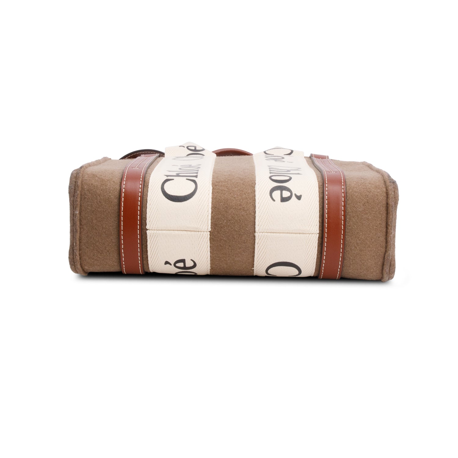 Chloe 2021 Brown Linen Calfskin Small Woody Ribbon Tote w/ Strap