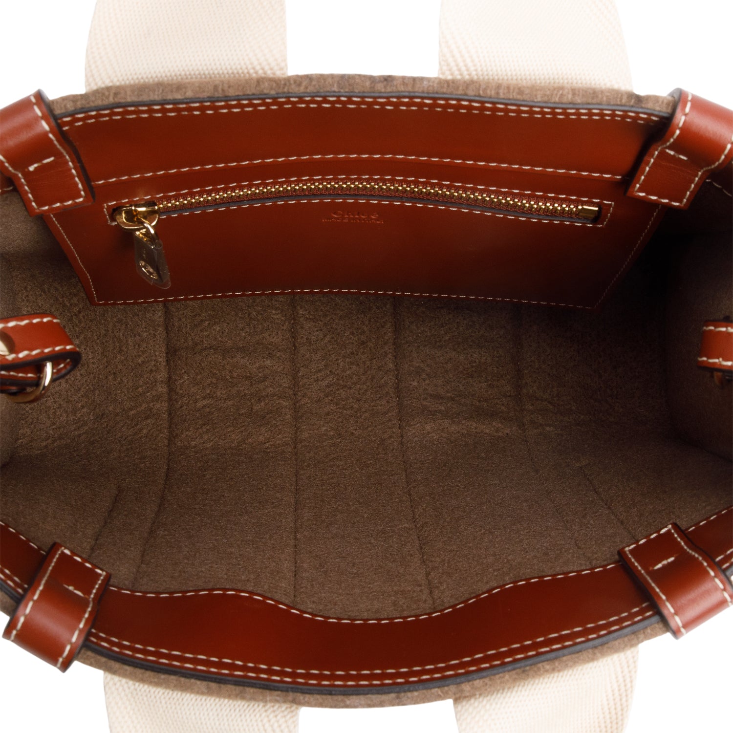 Chloe 2021 Brown Linen Calfskin Small Woody Ribbon Tote w/ Strap