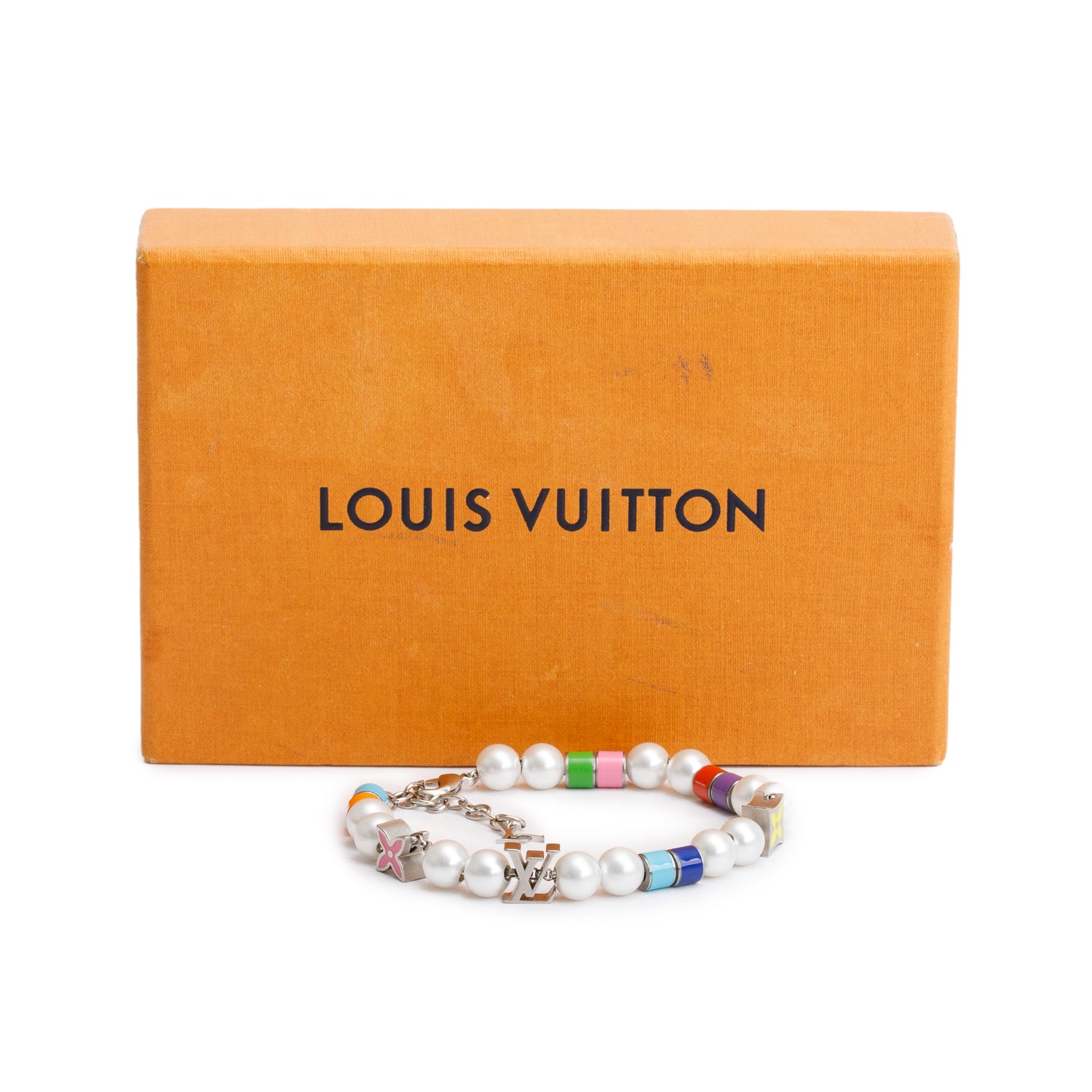 Louis Vuitton 2023 Silver-Tone Brass Faux Pearl, Bead Monogram Party Bracelet w/ Box