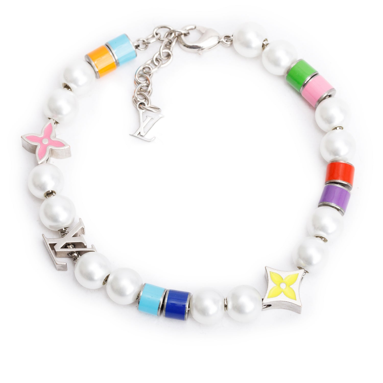 Louis Vuitton 2023 Silver-Tone Brass Faux Pearl, Bead Monogram Party Bracelet w/ Box