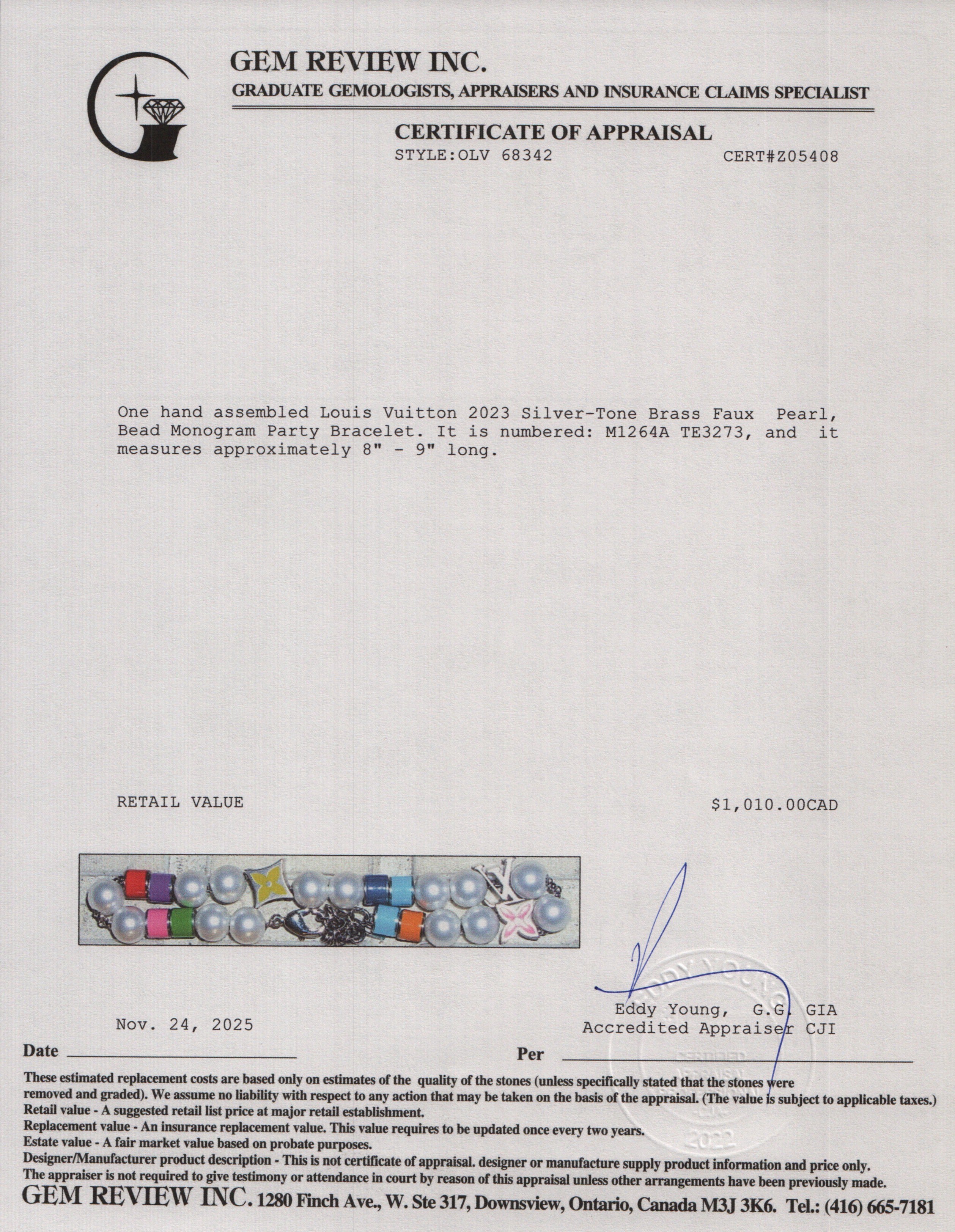 Louis Vuitton 2023 Silver-Tone Brass Faux Pearl, Bead Monogram Party Bracelet w/ Box