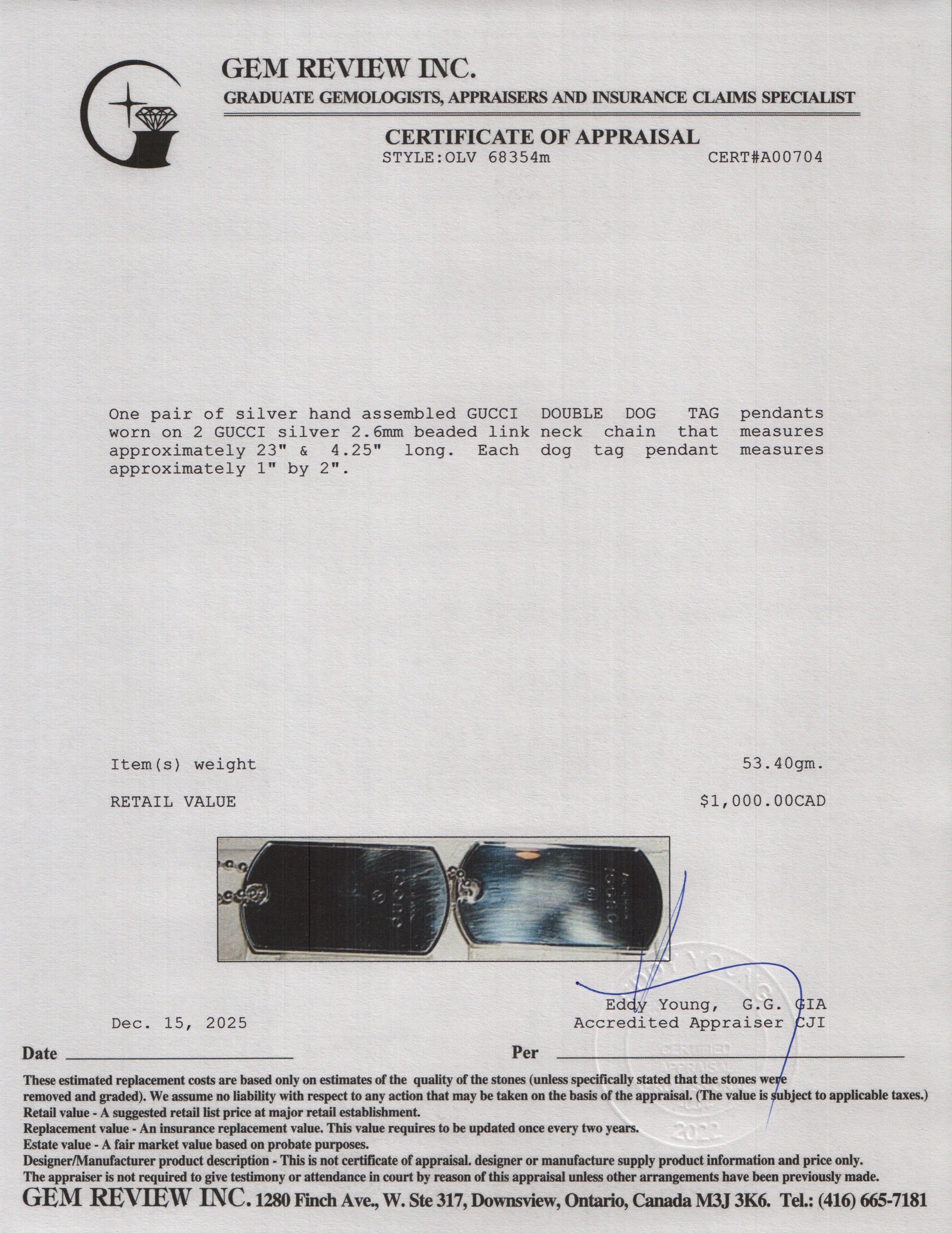 Gucci Sterling Silver Double Dog Tag Pendant Necklace