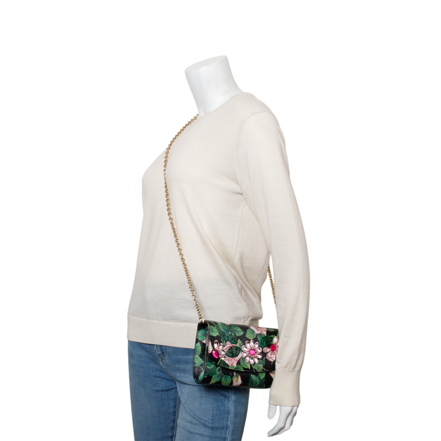 Dolce & Gabbana Black Rose Print Embellished Chain Clutch