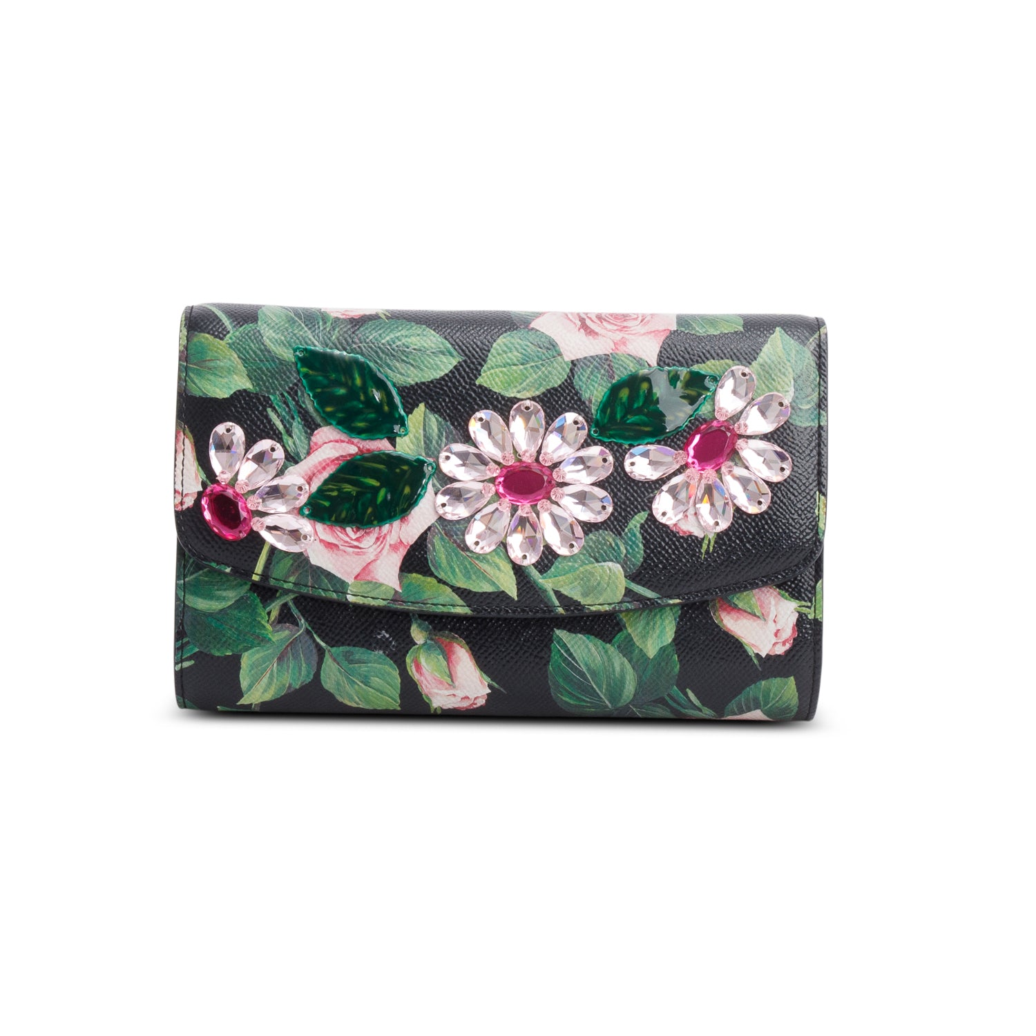 Dolce & Gabbana Black Rose Print Embellished Chain Clutch