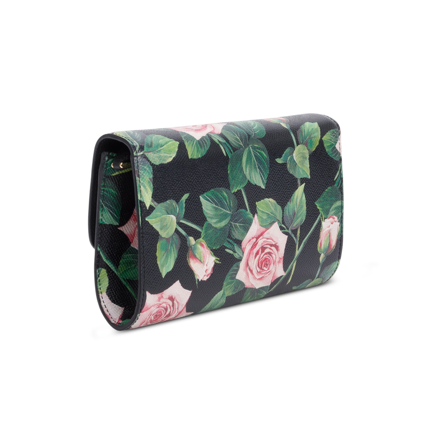 Dolce & Gabbana Black Rose Print Embellished Chain Clutch