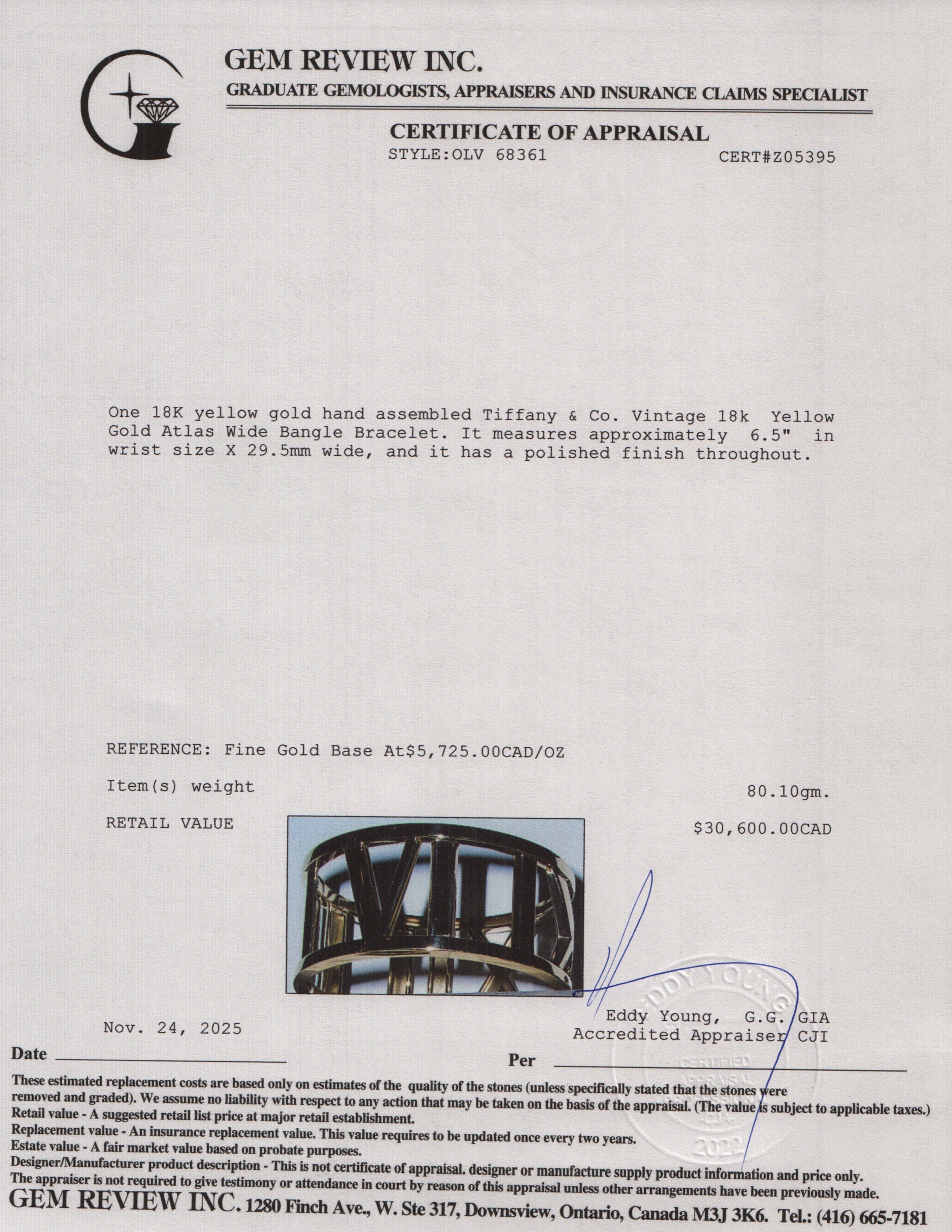 Tiffany & Co. Vintage 18k Yellow Gold Atlas Wide Bangle Bracelet w/ Box