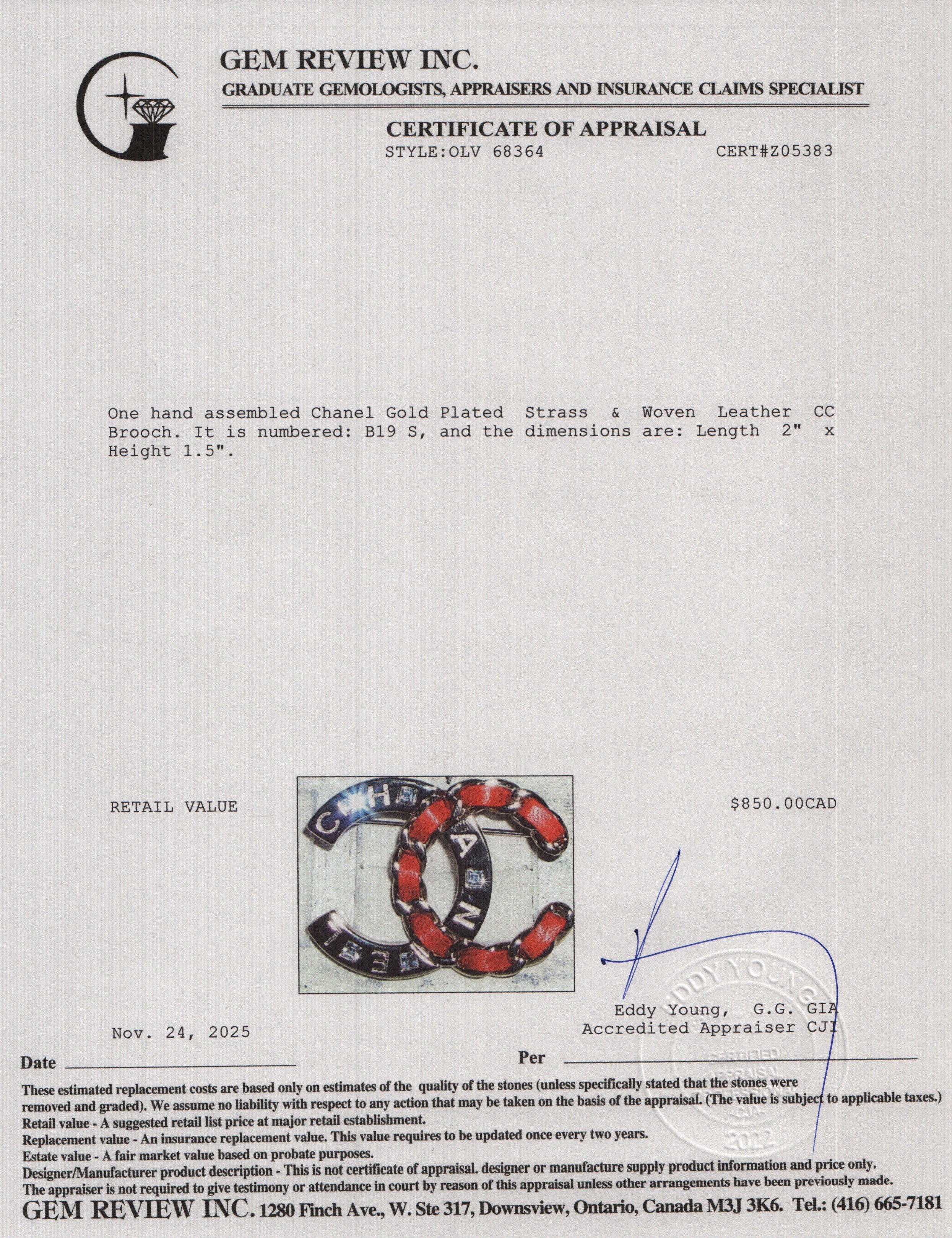 Chanel Gold Plated Strass & Woven Leather CC Brooch w/ Box