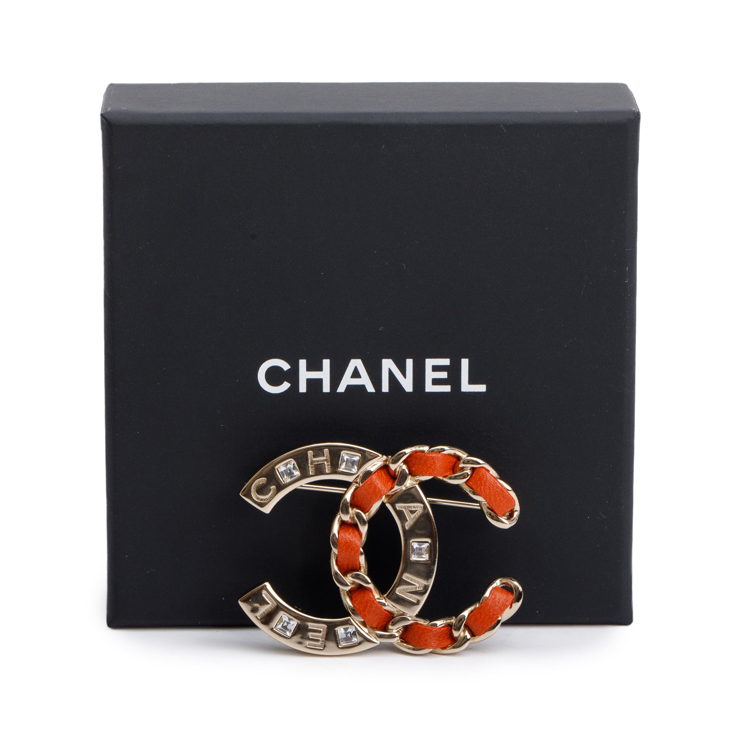 Chanel Gold Plated Strass & Woven Leather CC Brooch w/ Box