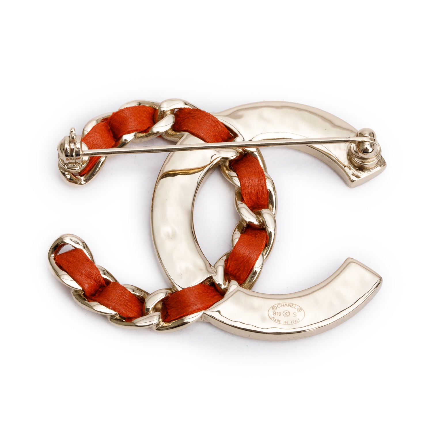 Chanel Gold Plated Strass & Woven Leather CC Brooch w/ Box