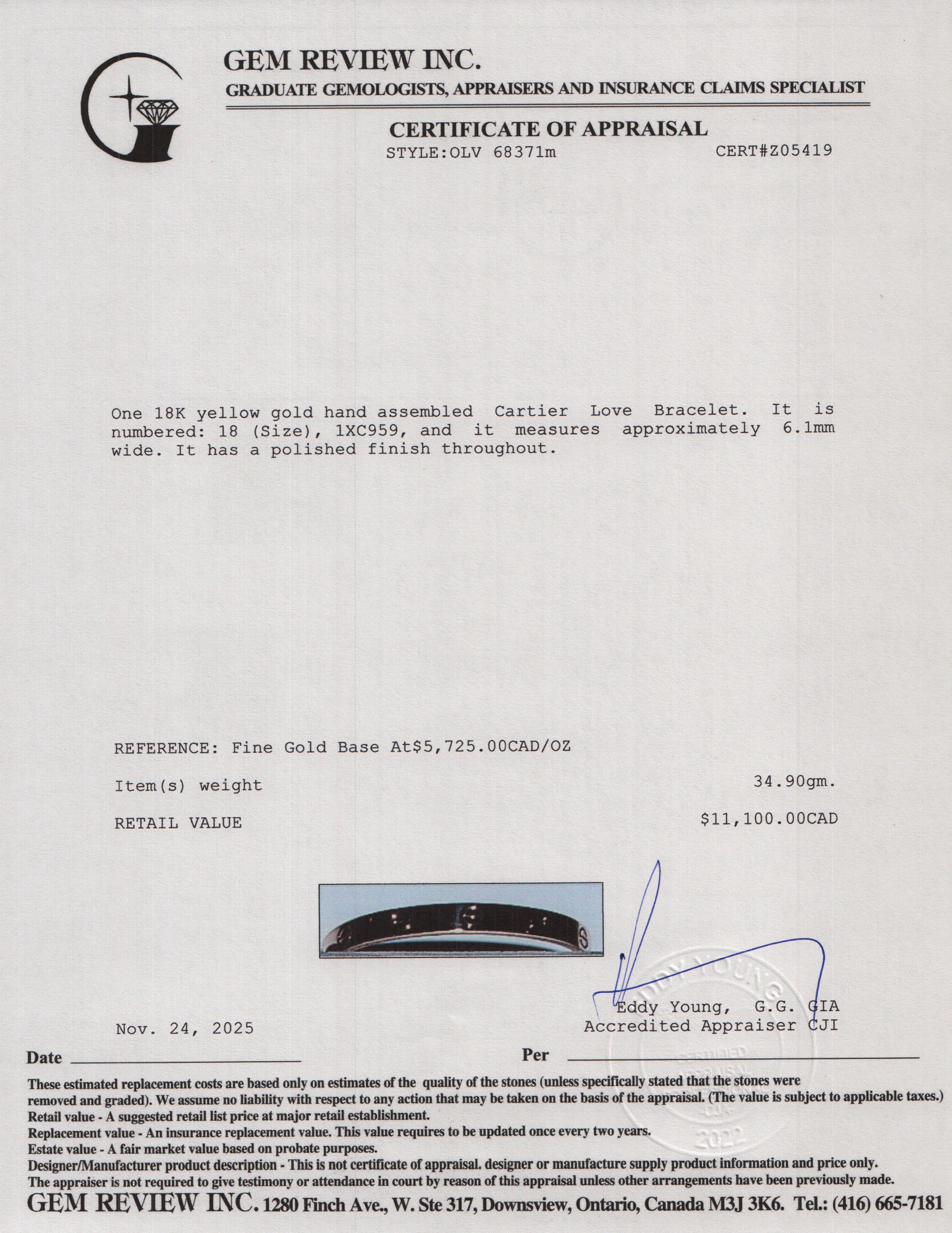 Cartier 2020 18k Yellow Gold Love Bracelet, Classic Model, Size 18 w/ Box & Certificate