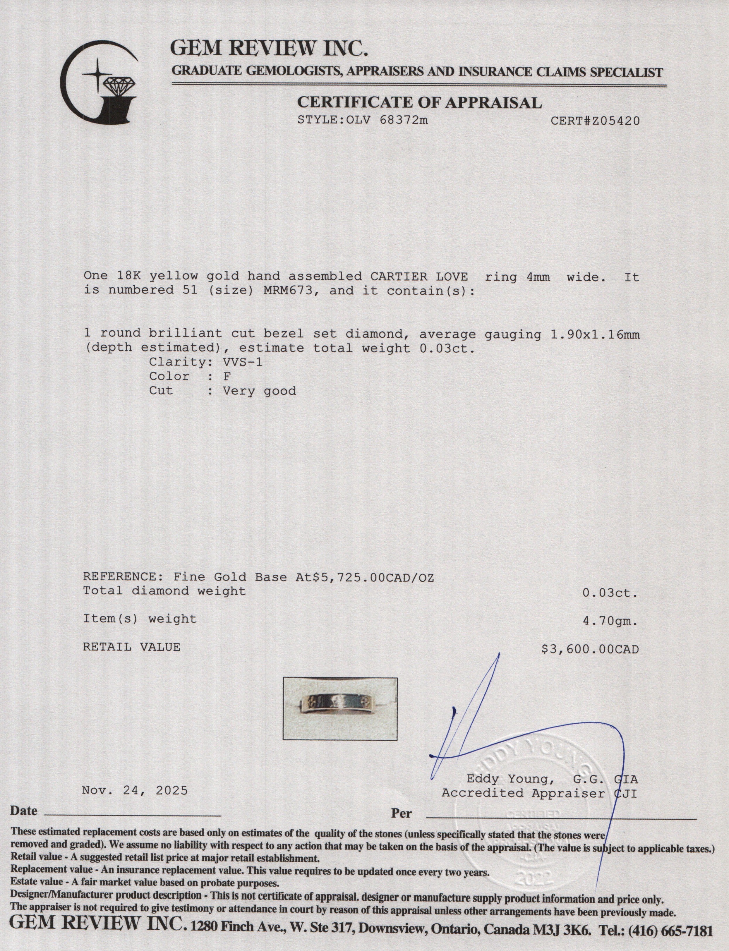 Cartier 2021 18k Yellow Gold 1 Diamond 4 MM Love Wedding Band Ring, Size 51 5.5 w/ Box & Certificate