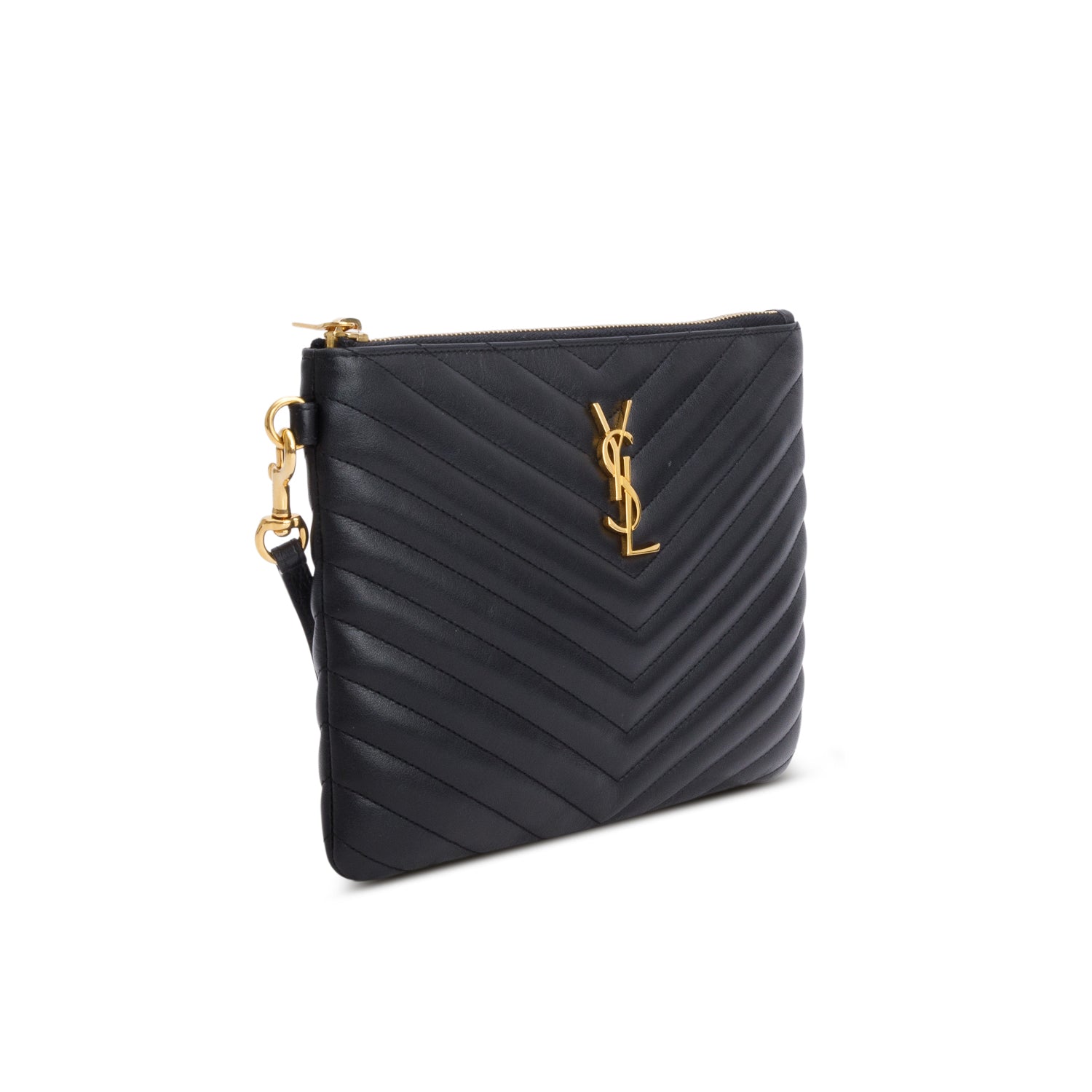 Saint Laurent Black Calfskin Matelasse Monogram Cassandre A5 Pouch w/ Box