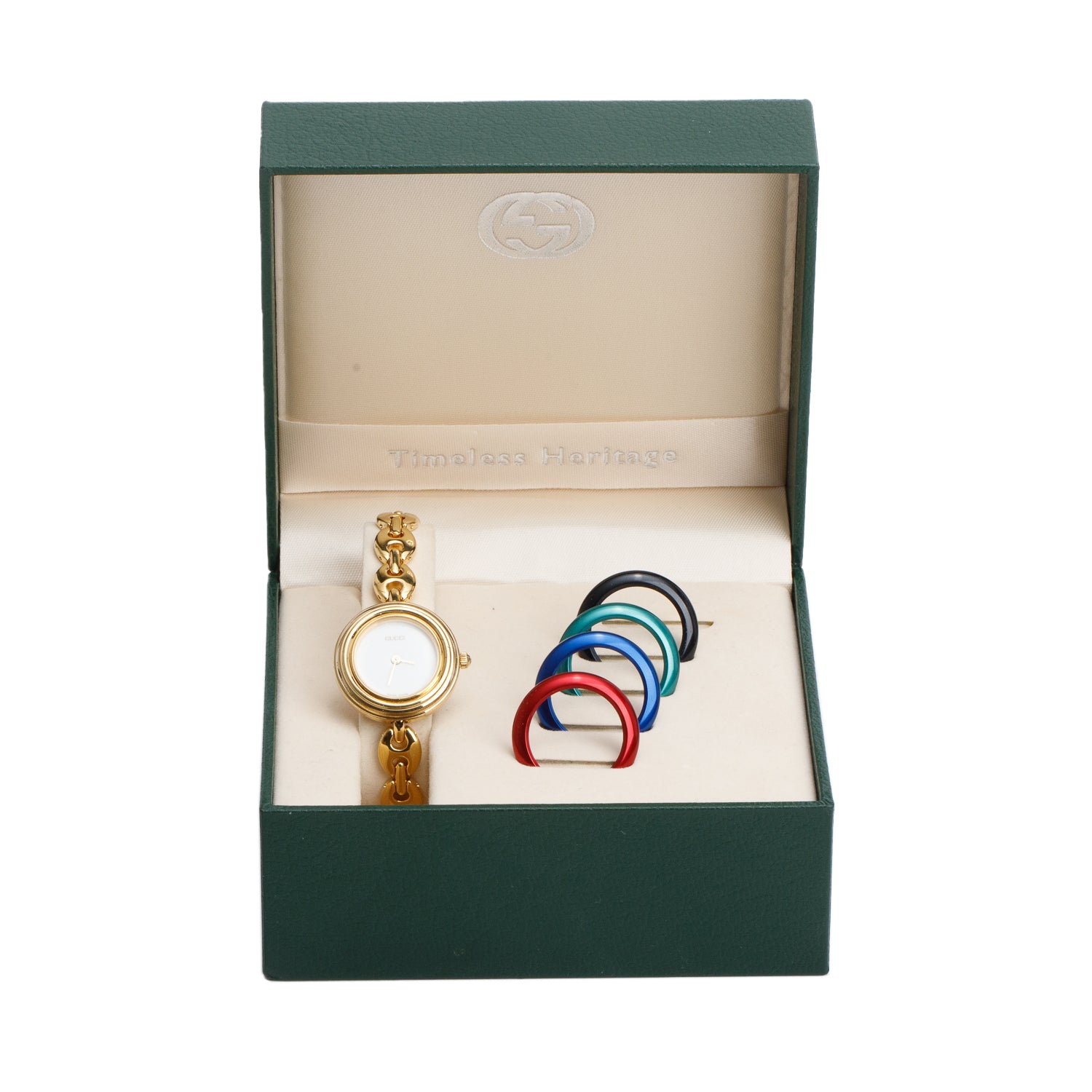 Gucci Gold Plated Stainless Steel 1100 Series 26 MM Watch w/ Box & 4 Multicolour Bezels