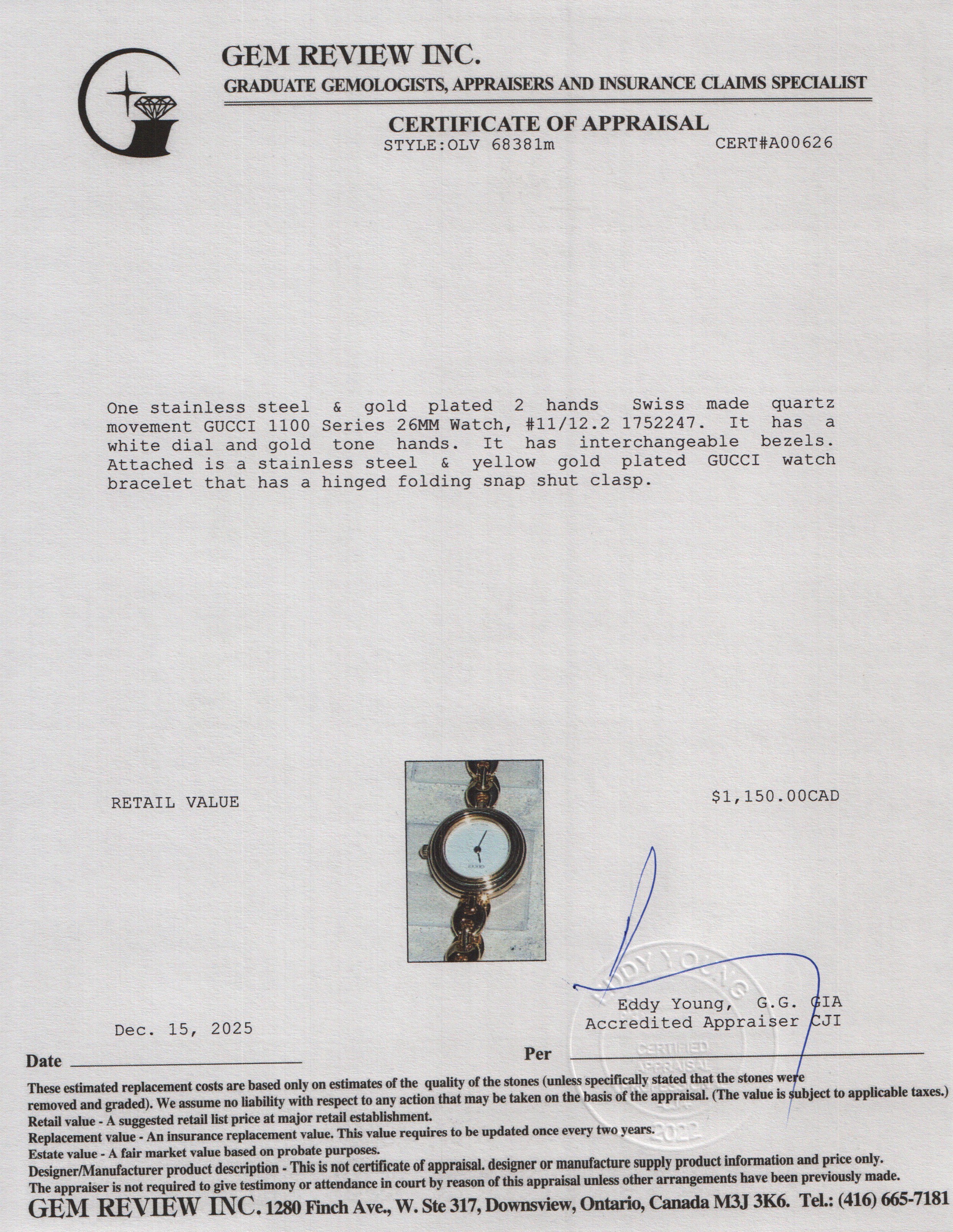 Gucci Gold Plated Stainless Steel 1100 Series 26 MM Watch w/ Box & 4 Multicolour Bezels