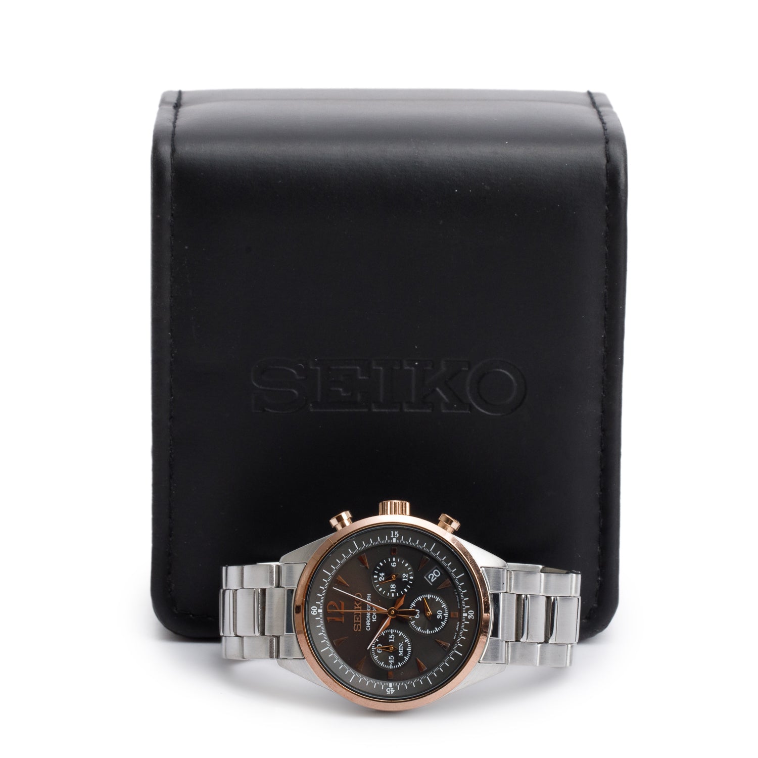 Seiko Vintage Rose Gold Plated & Stainless Steel 41 MM Chronograph Quartz Watch Grey Dial w/ Box