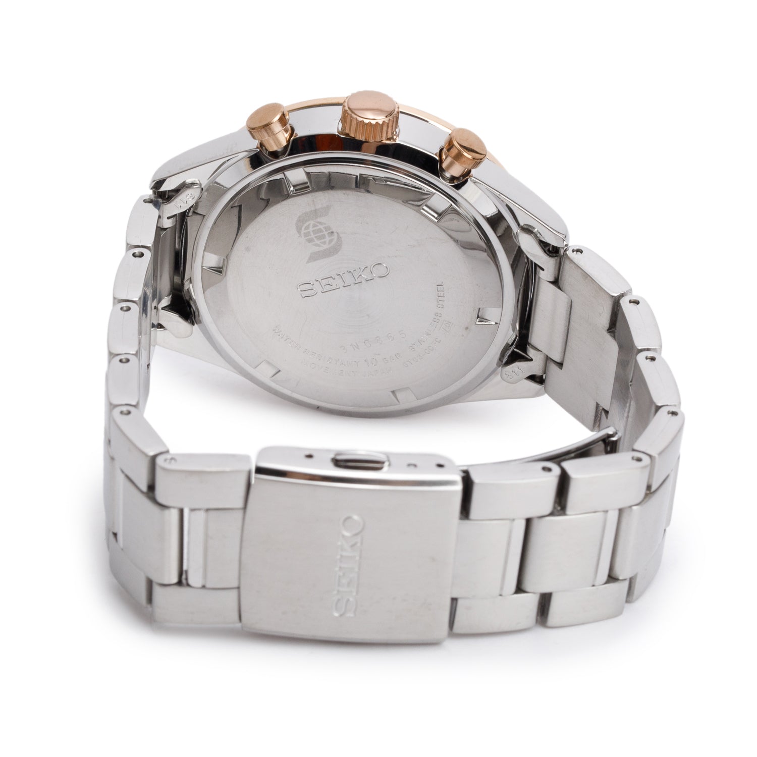 Seiko Vintage Rose Gold Plated & Stainless Steel 41 MM Chronograph Quartz Watch Grey Dial w/ Box