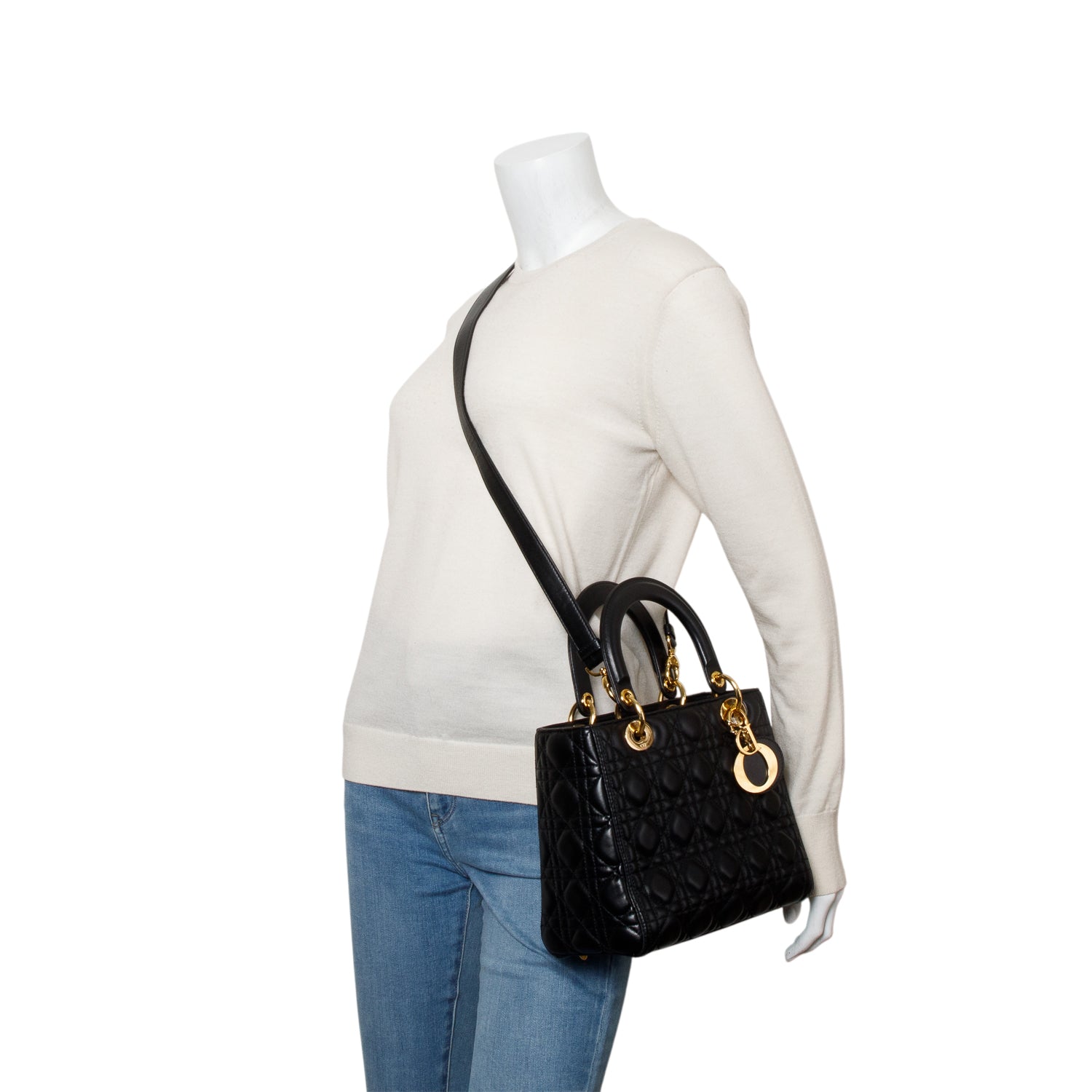 Christian Dior Black Cannage Lambskin Leather Medium Lady Dior Bag w/ Authenticity Card. Strap & Receipt