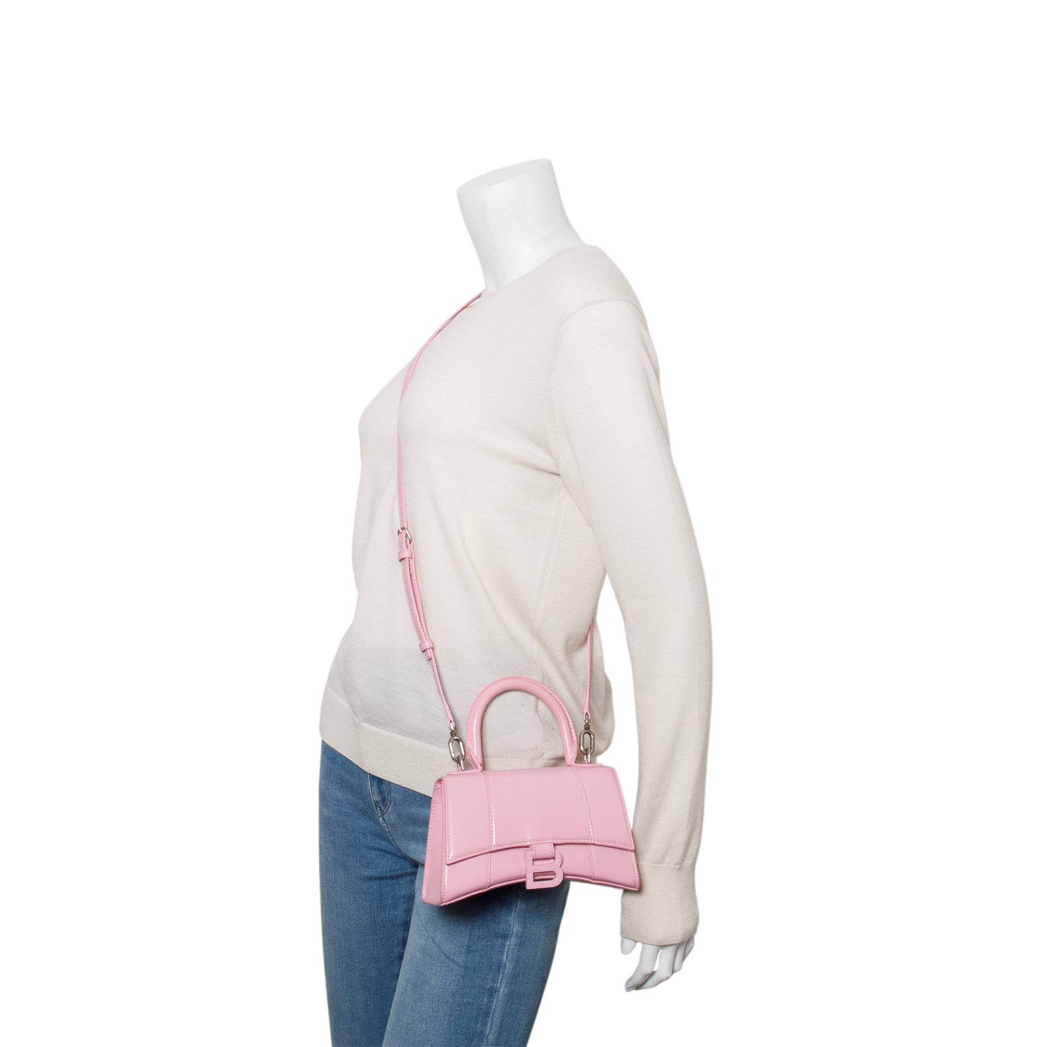 Balenciaga Pink Shiny Box Calfskin Leather XS Hourglass Top Handle Bag w/ Strap