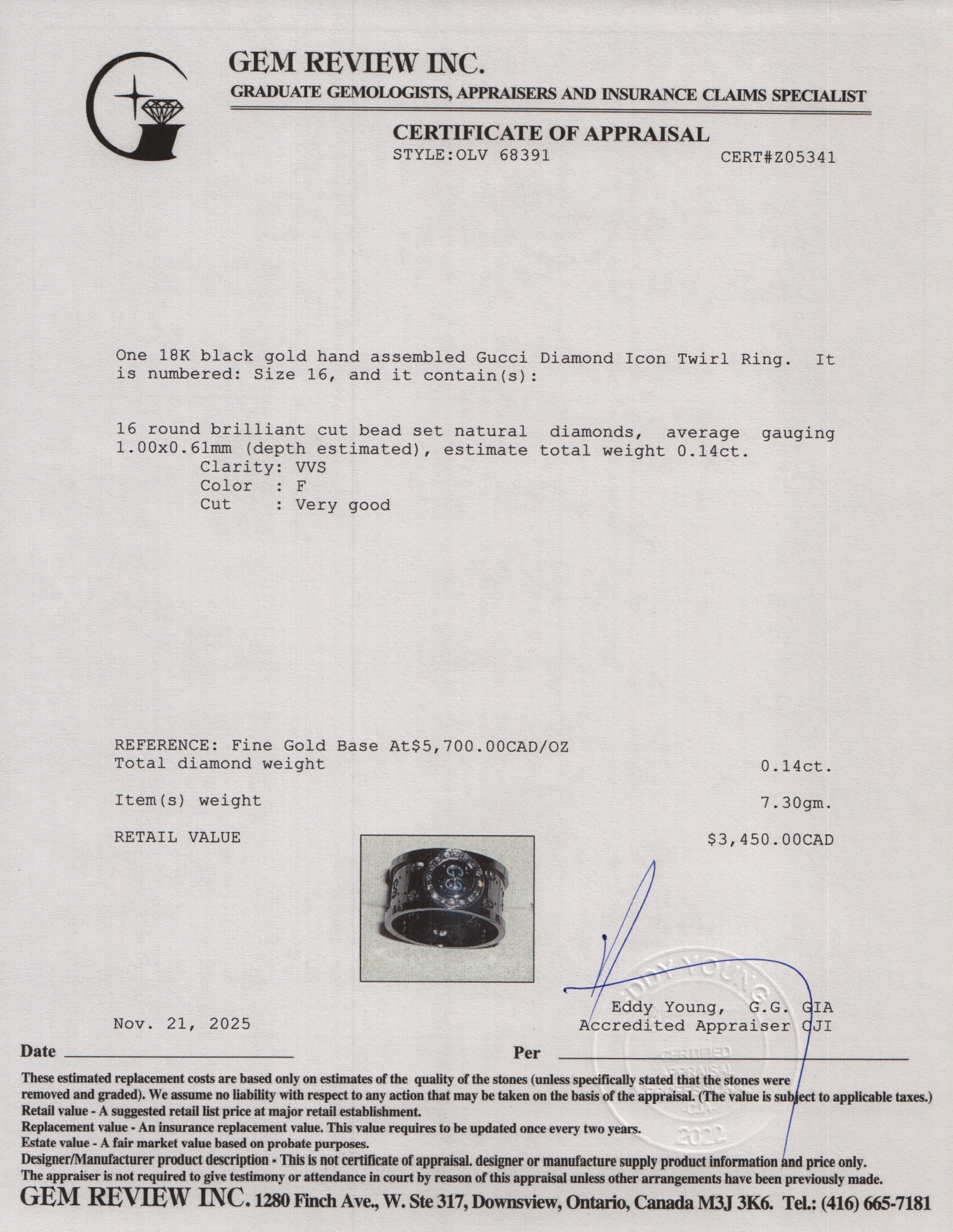 Gucci Black Coated 18k White Gold Diamond Icon Twirl Ring, Size 16 7.25 w/ Box